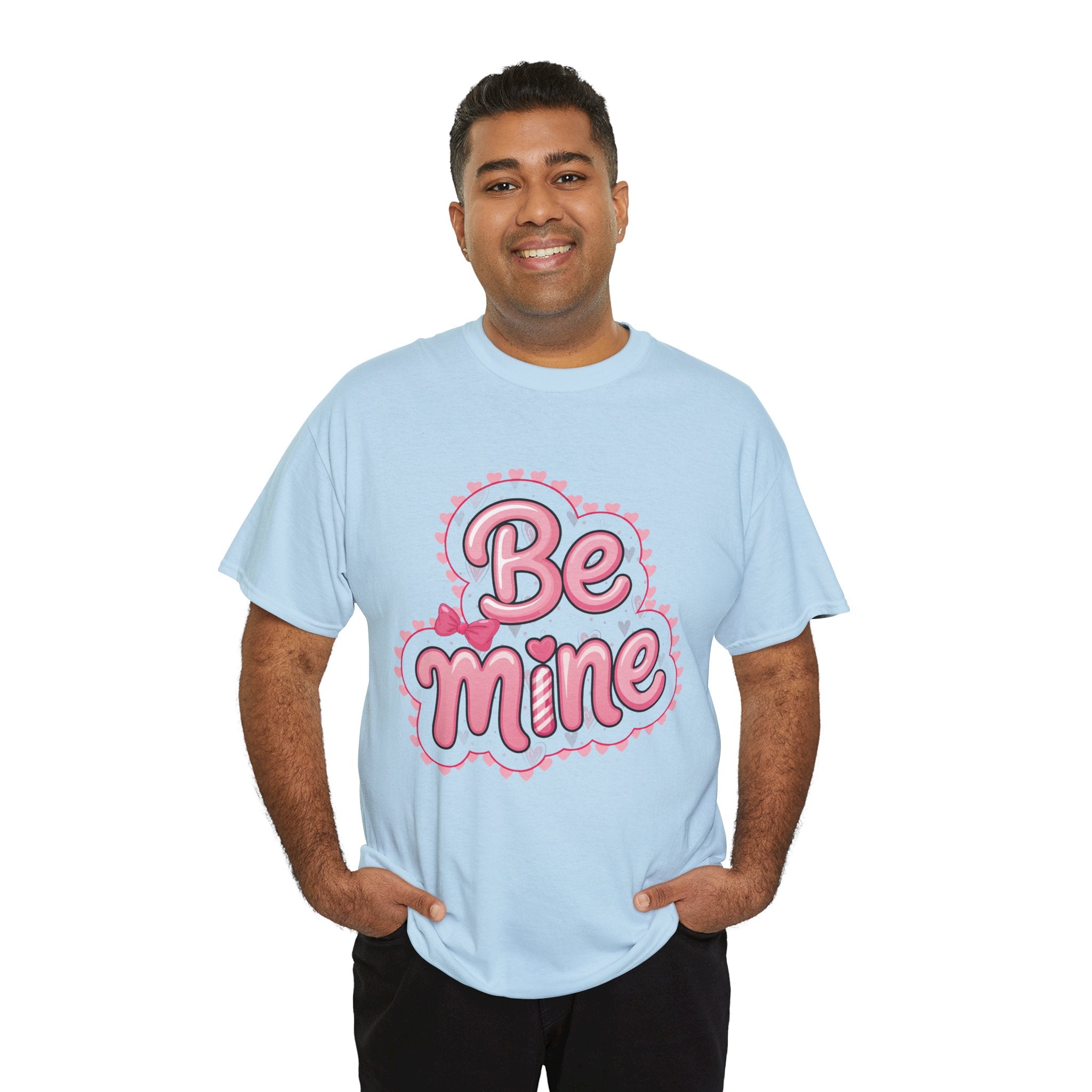 Be Mine Valentine T-Shirt — Pink Bubble Letters with Hearts & Bow..Unisex Cotton Tee