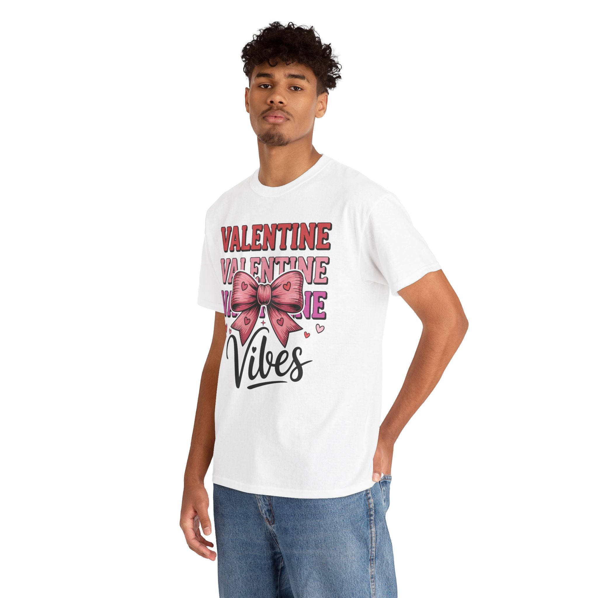 Valentine Vibes T-Shirt — Pink Bow Heart Graphic Unisex Cotton Tee