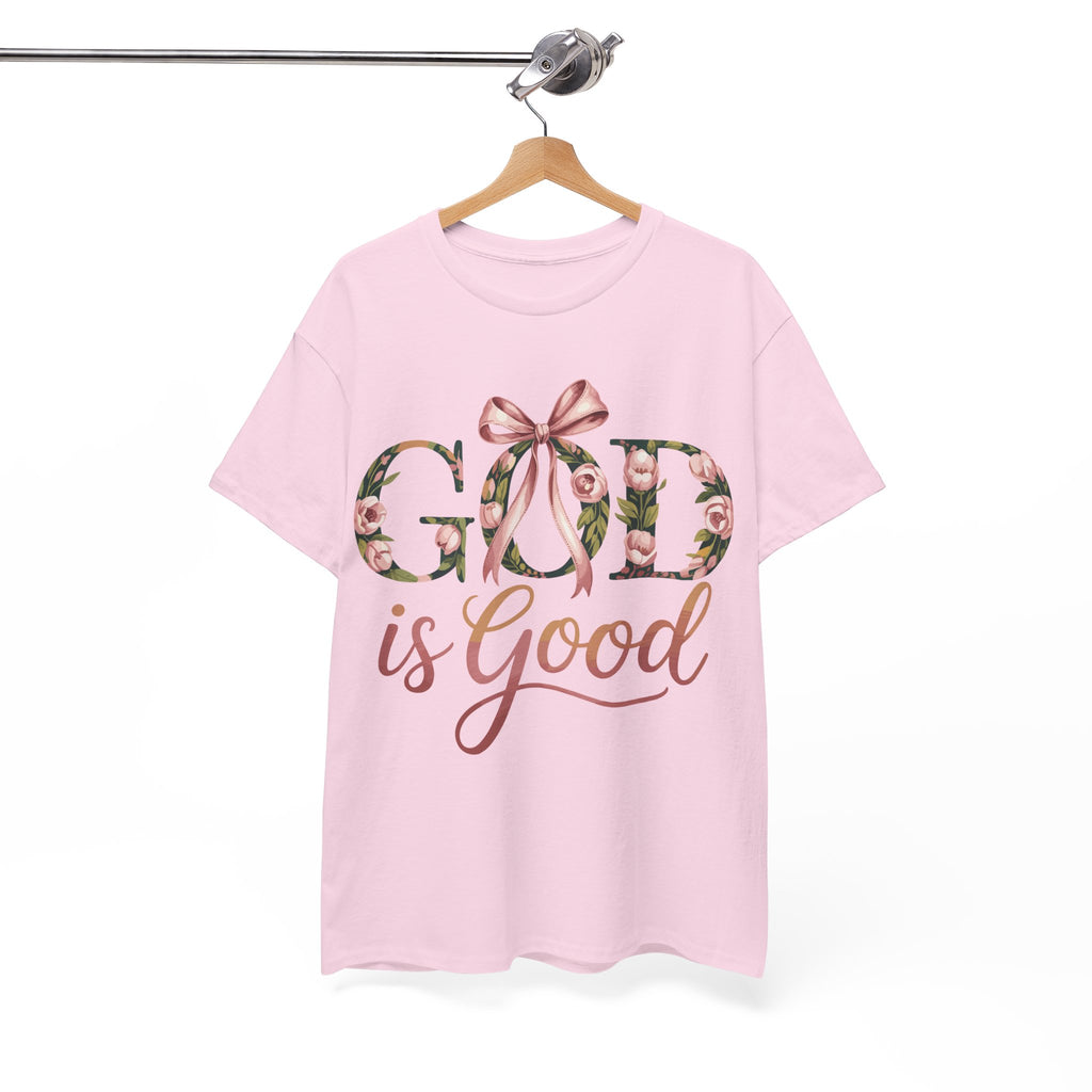 God Is Good Pink Rose Tee — Floral Ribbon Faith Unisex Cotton T-Shirt