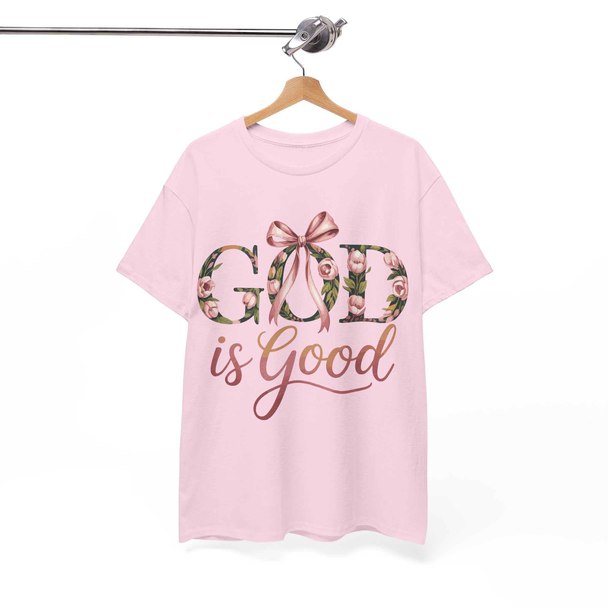 God Is Good Pink Rose Tee — Floral Ribbon Faith Unisex Cotton T-Shirt