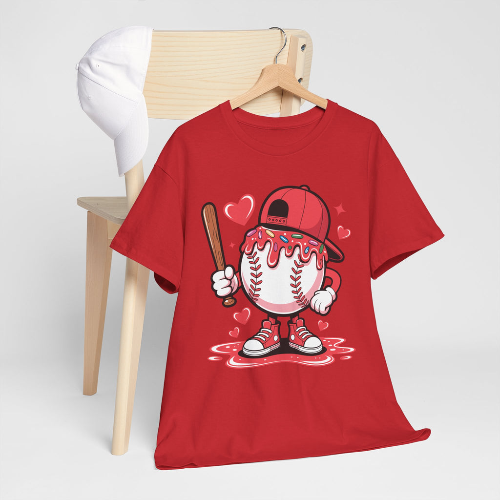 Cute Baseball Character T-Shirt — Red Cap & Icing Top Graphic with Hearts Unisex Cotton Tee
