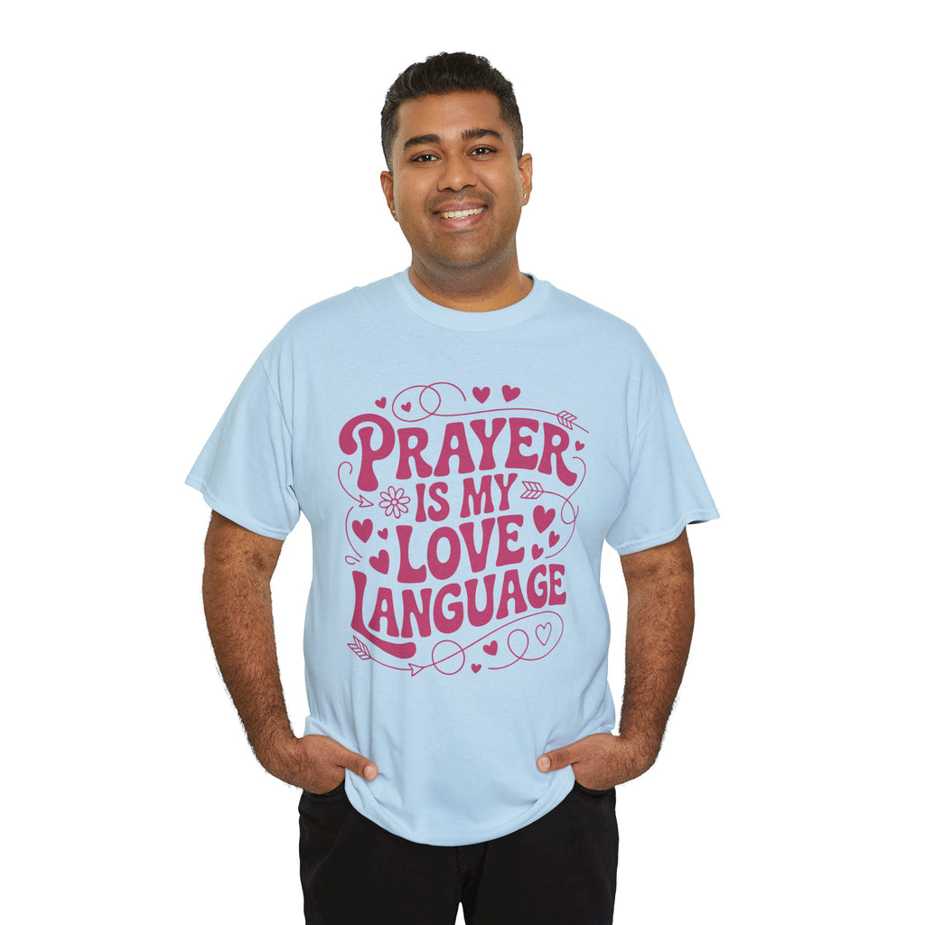 Prayer Is My Love Language Christian Tee — Pastel Pink Hearts Unisex Cotton Tee