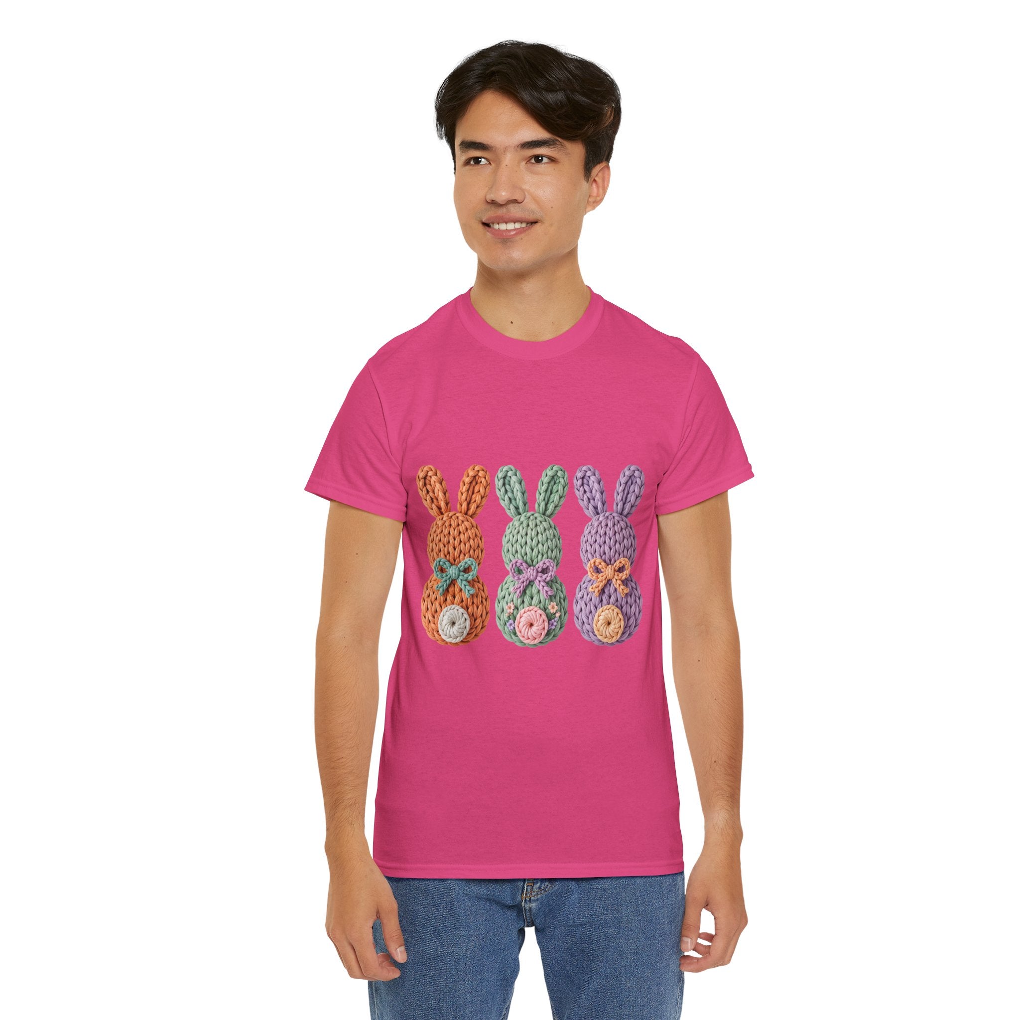 Pastel Crochet Bunny Tee — Trio of Faux Knit Bunnies with Bows & Flowers Unisex Cotton Tee