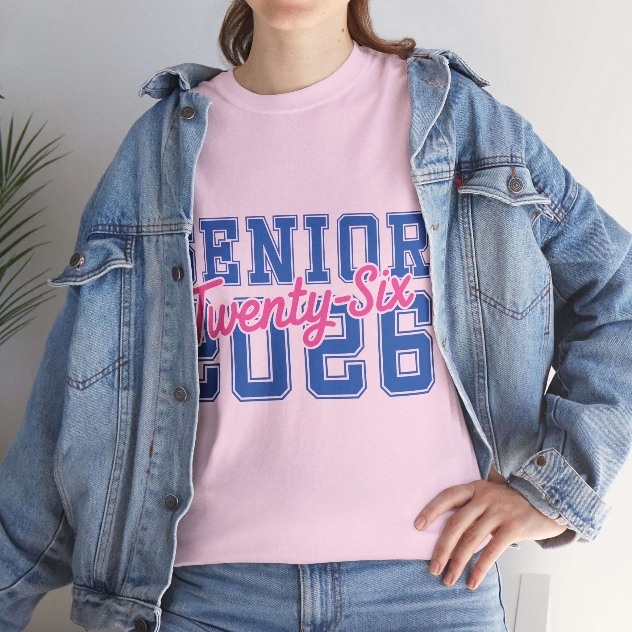 Senior 2026 Tee — Pink Varsity Block with Blue Script Overlay Unisex Cotton Tee