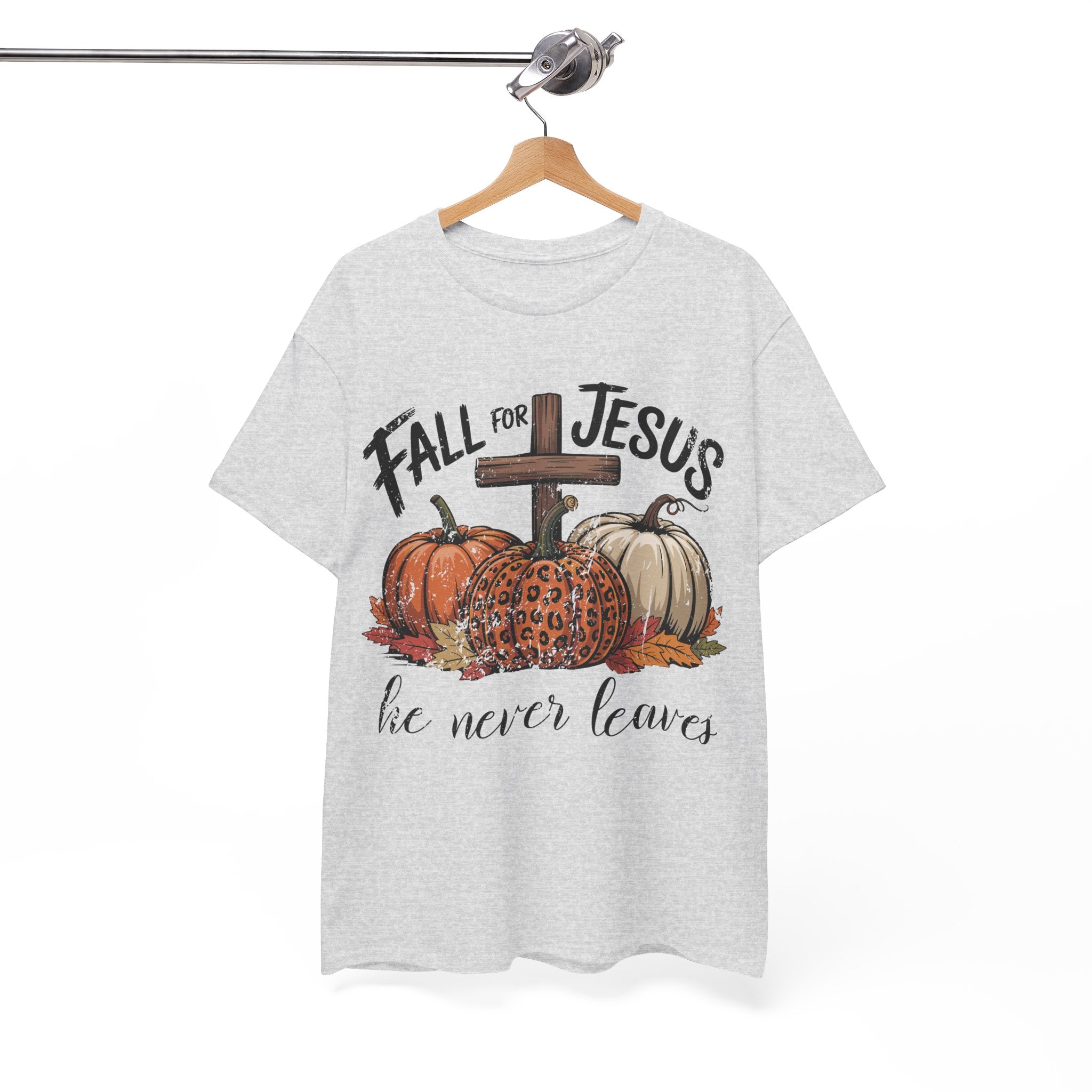 Fall for Jesus Pumpkin Cross Tee — "He Never Leaves" Autumn Christian Unisex Cotton T-Shirt