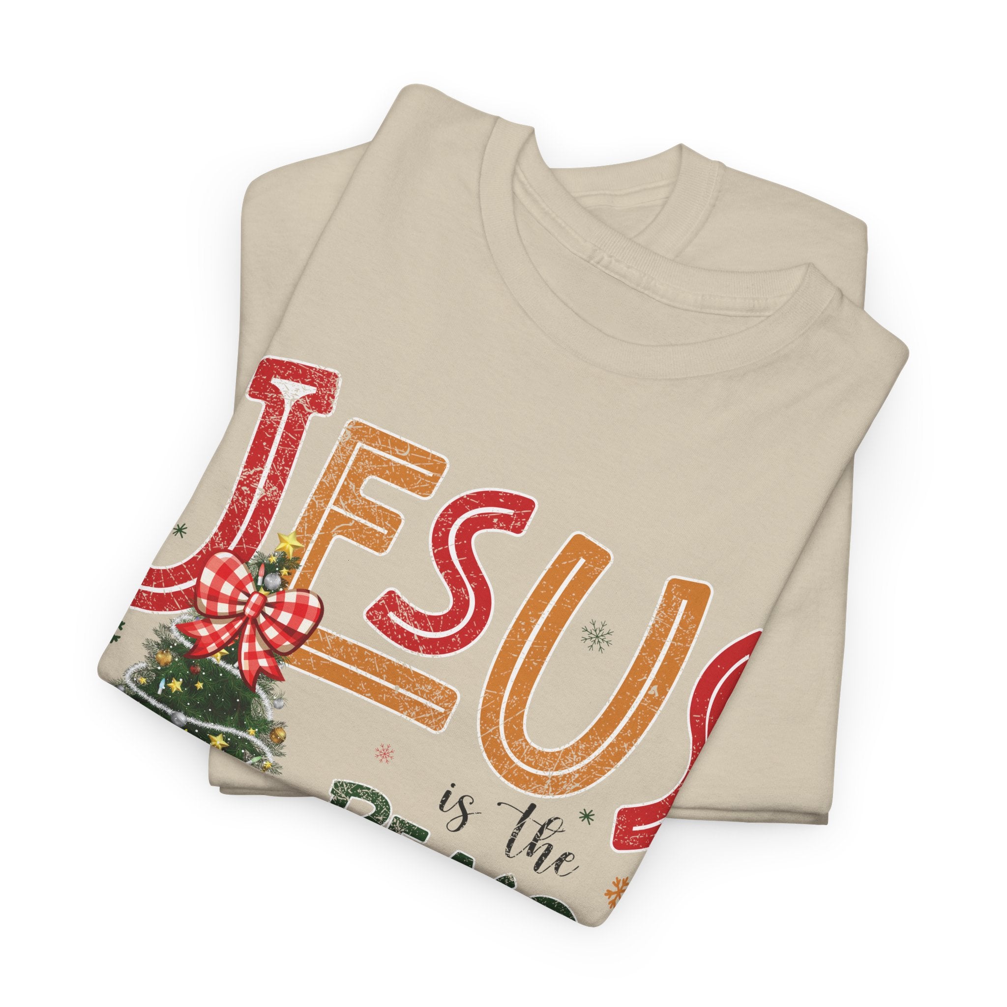 Jesus Is the Reason for the Season Christmas T-Shirt — Plaid Bow Tree..Unisex Cotton Tee