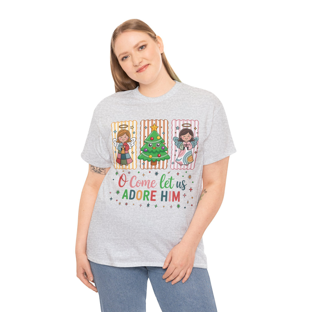 O Come Let Us Adore Him Christmas Tee — Smiling Angels & Happy Tree..Unisex Cotton Tee