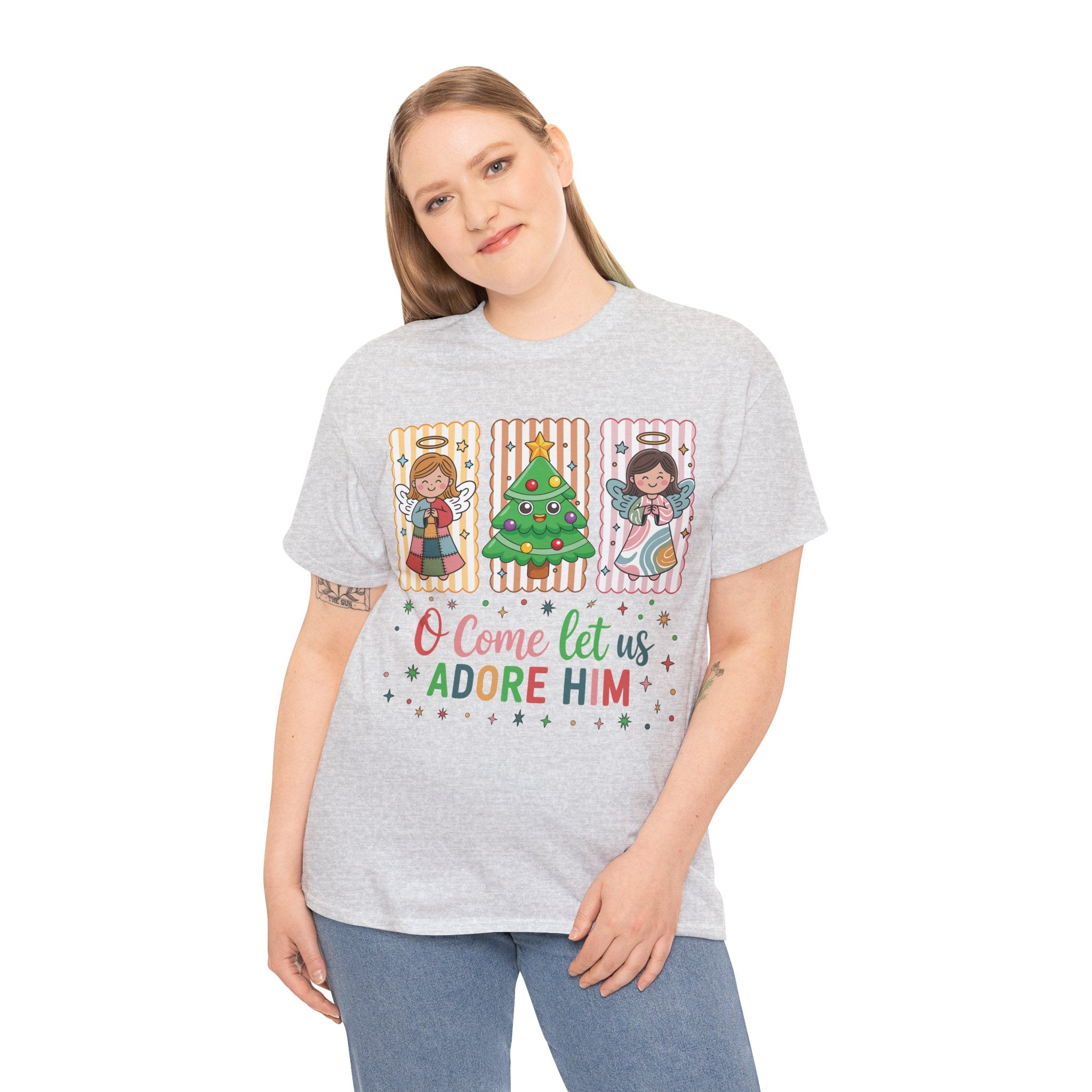 O Come Let Us Adore Him Christmas Tee — Smiling Angels & Happy Tree..Unisex Cotton Tee