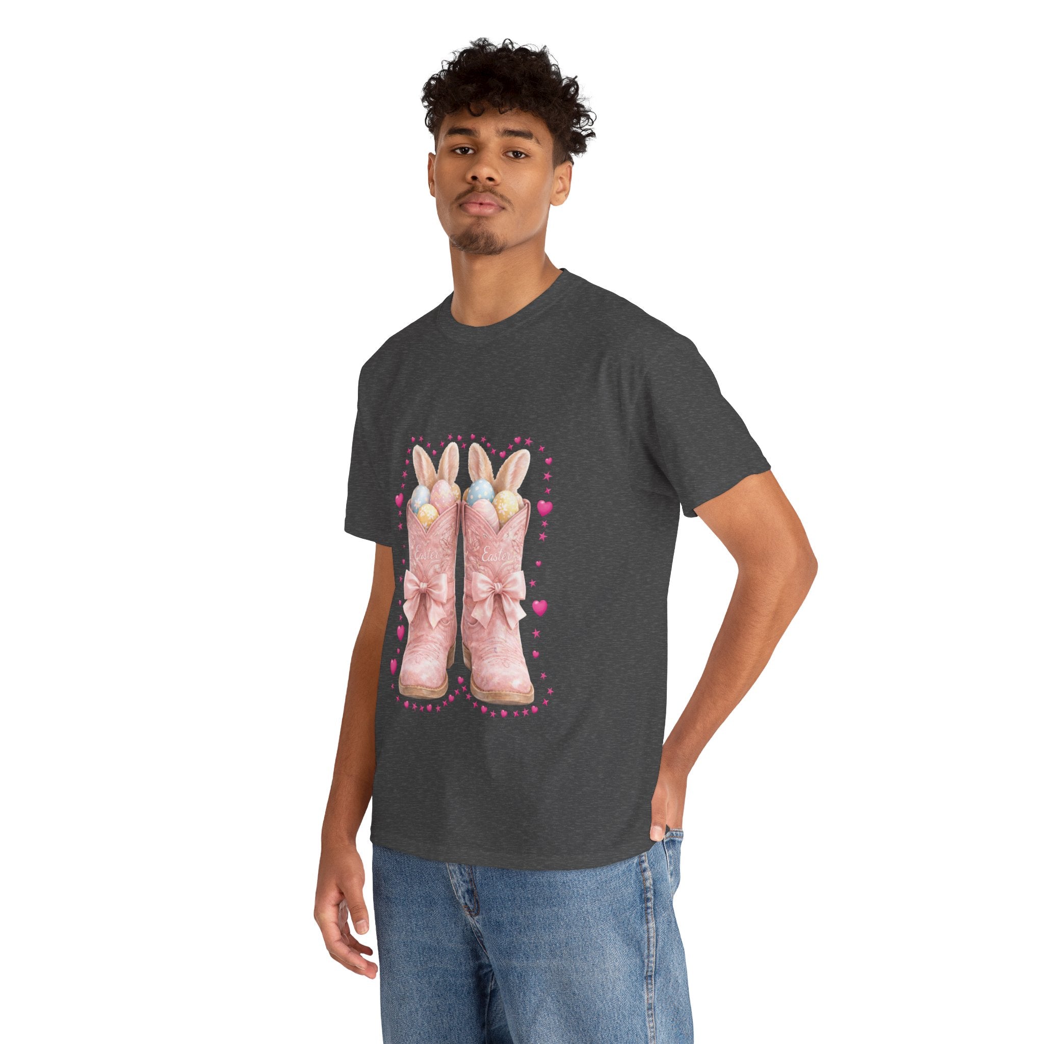 Easter Pink Western Boots Tee — Pastel Bunny Eggs & Bows Unisex Cotton Tee