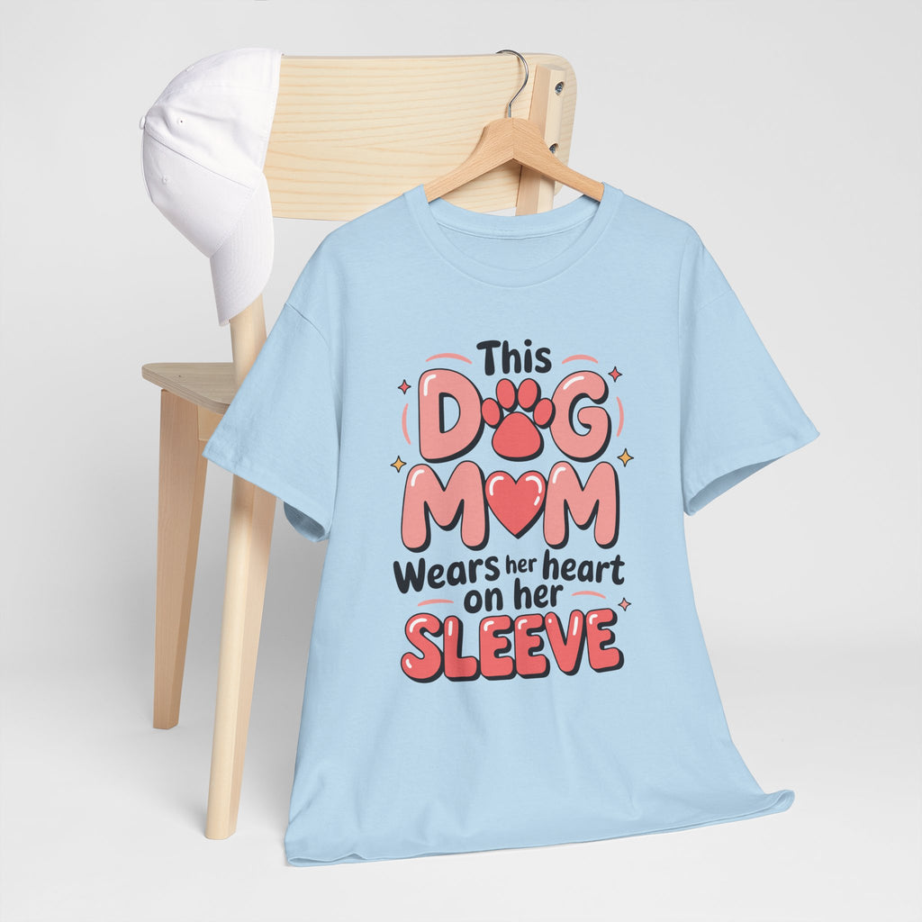 Dog Mom T-Shirt — "This Dog Mom Wears Her Heart on Her Sleeve" Paw & Heart Unisex Cotton Tee