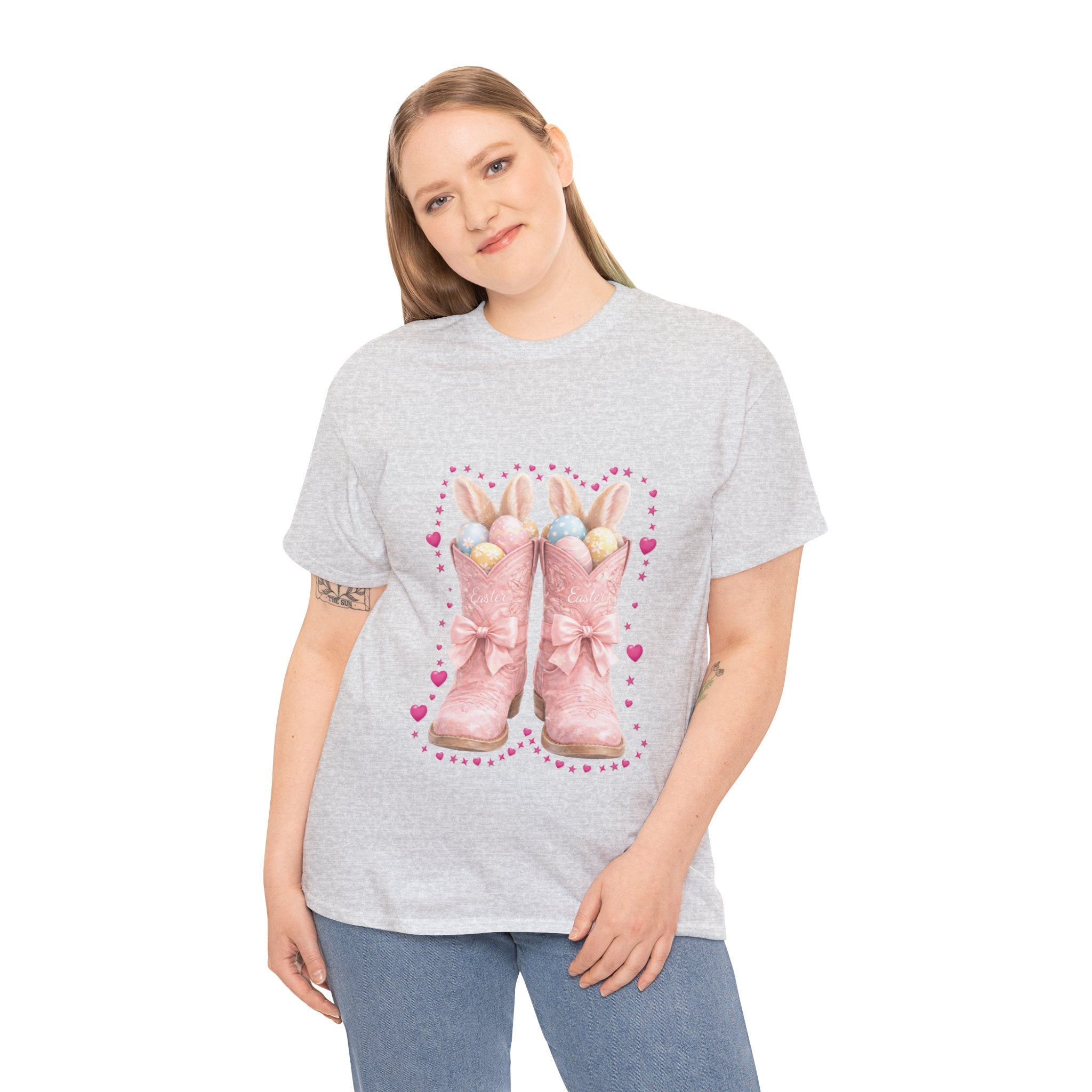 Easter Pink Western Boots Tee — Pastel Bunny Eggs & Bows Unisex Cotton Tee