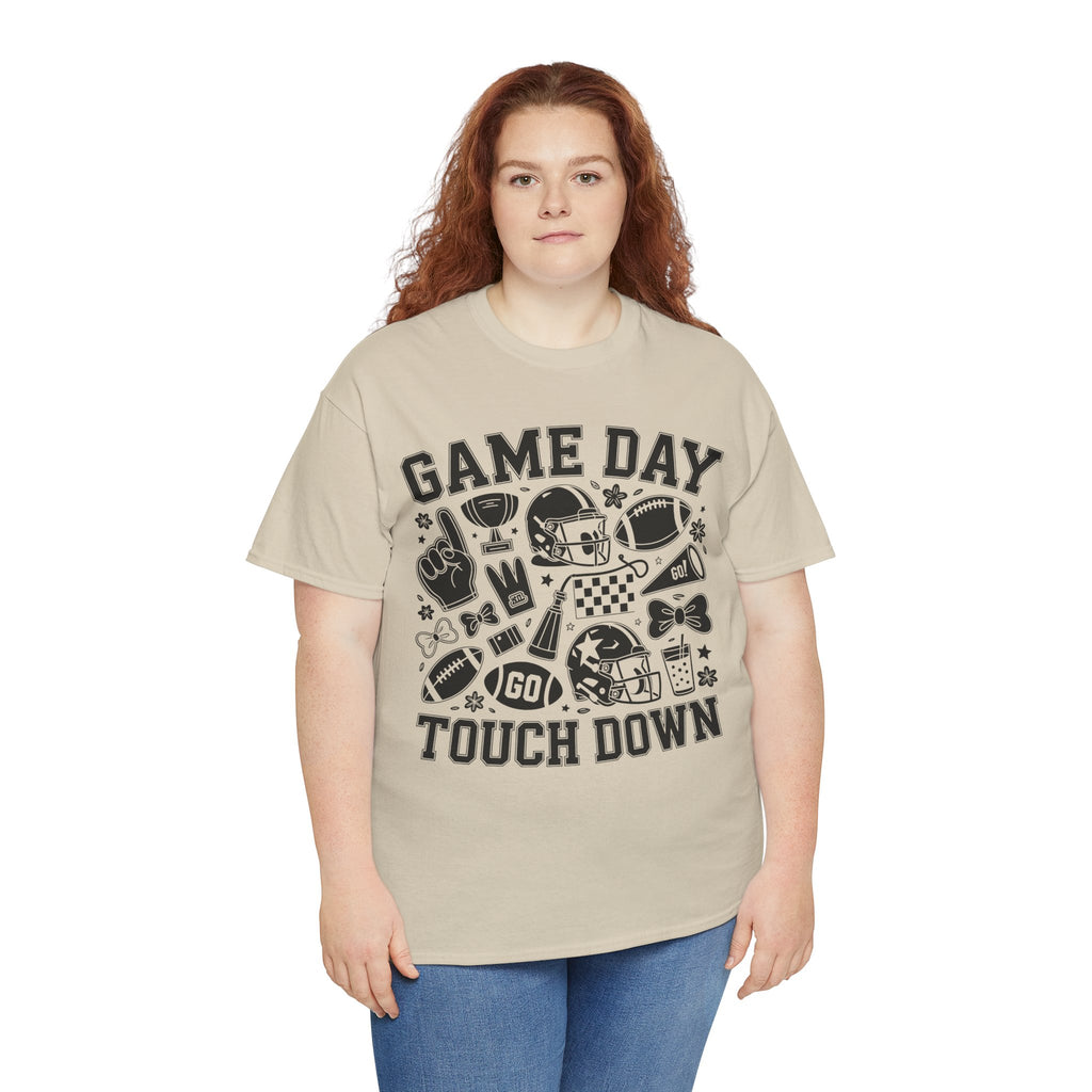 Game Day Touch Down Football T‑Shirt — Helmet & Cheer Monochrome Design Unisex Cotton Tee