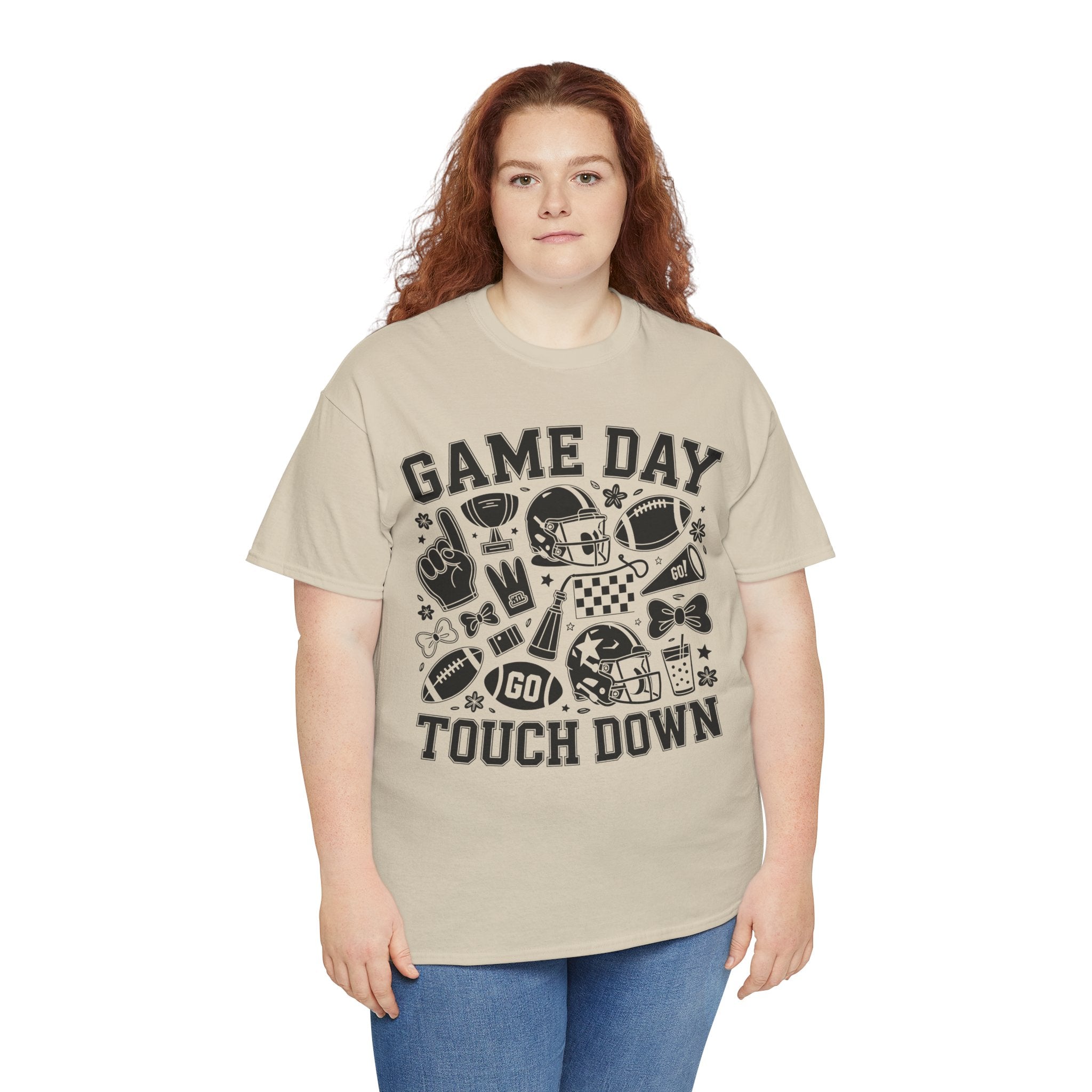 Game Day Touch Down Football T‑Shirt — Helmet & Cheer Monochrome Design Unisex Cotton Tee