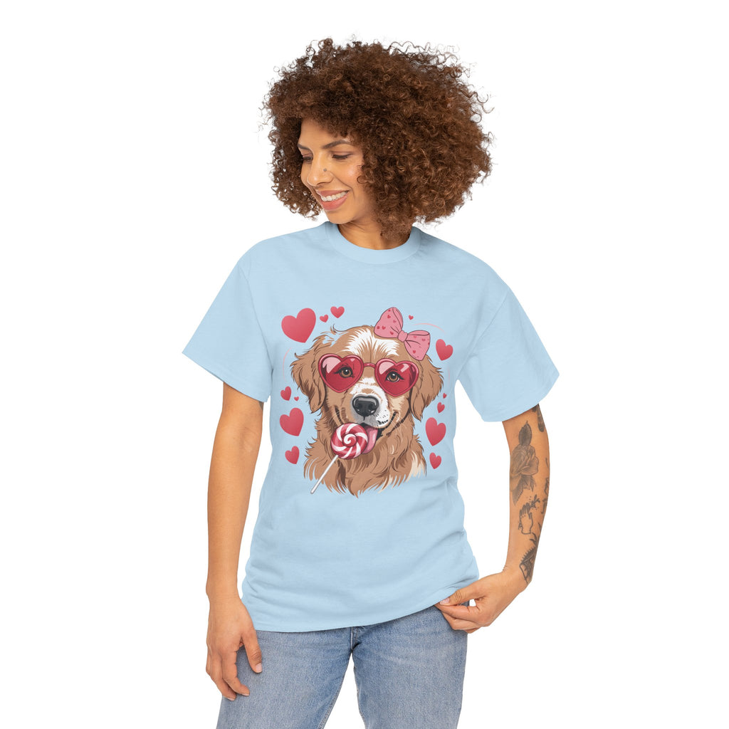 Valentine Dog T-Shirt — Cute Pup with Heart Glasses, Pink Bow & Lollipop..Unisex Cotton Tee