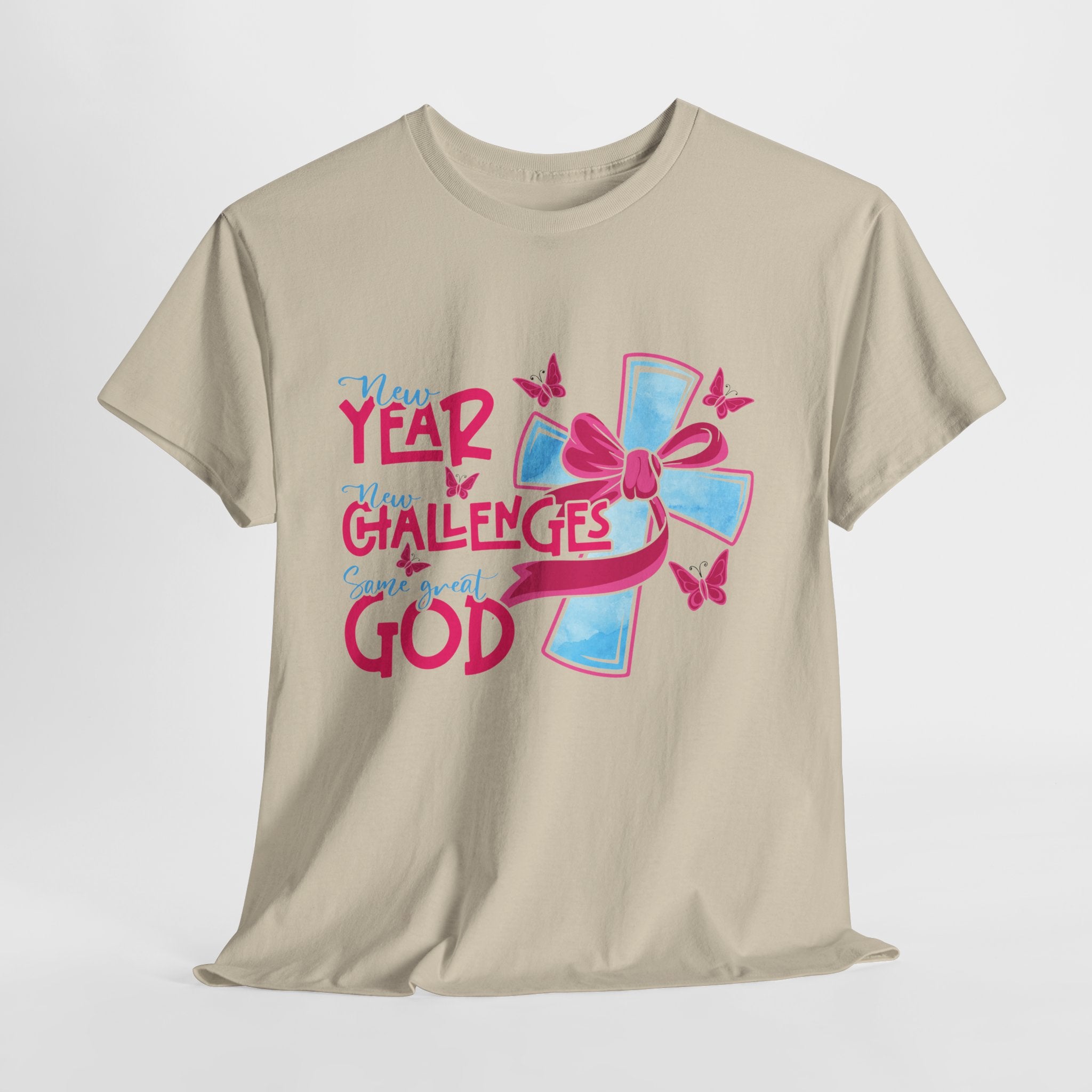 Christian T-Shirt — “New Year, New Challenges, Same Great God” with Pink Bow Cross & Butterflies. Unisex Cotton Tee