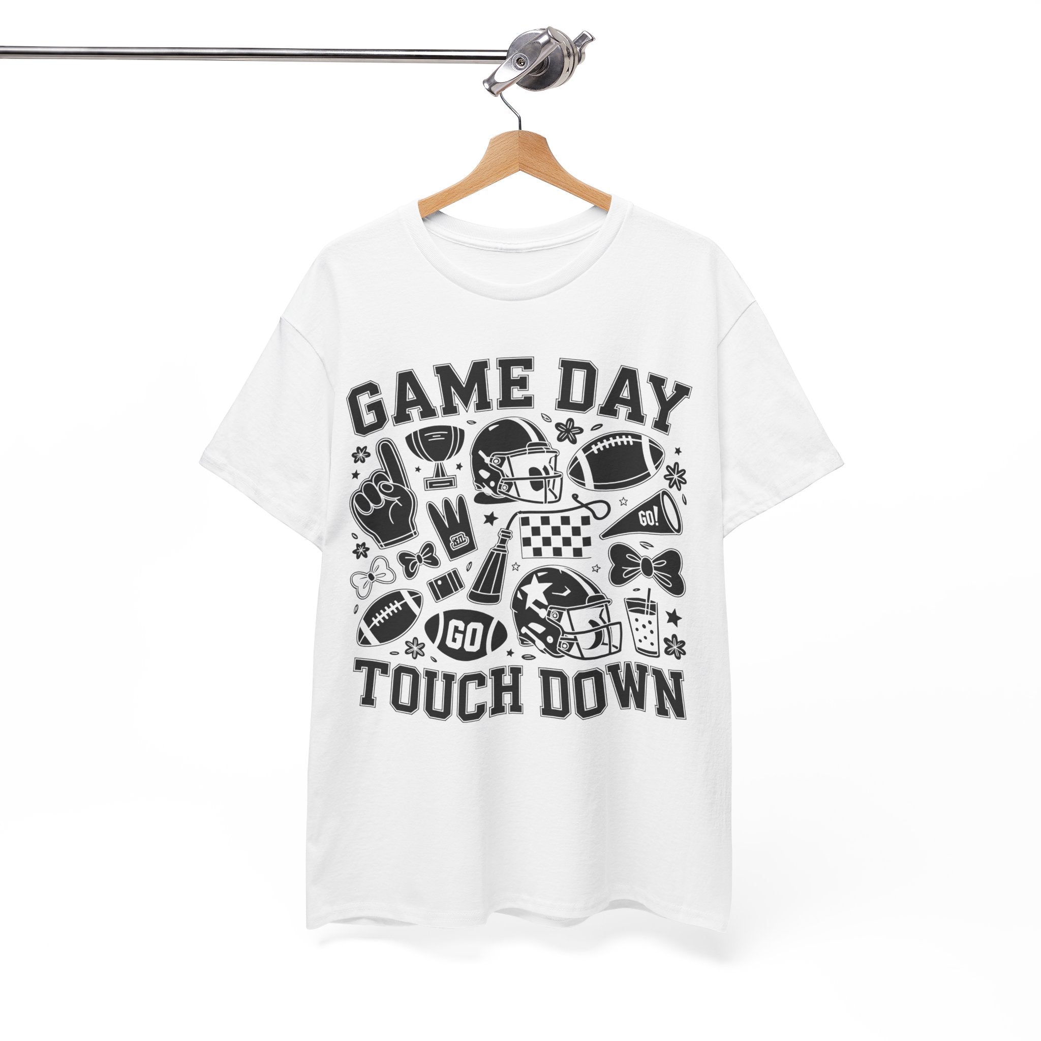 Game Day Touch Down Football T‑Shirt — Helmet & Cheer Monochrome Design Unisex Cotton Tee