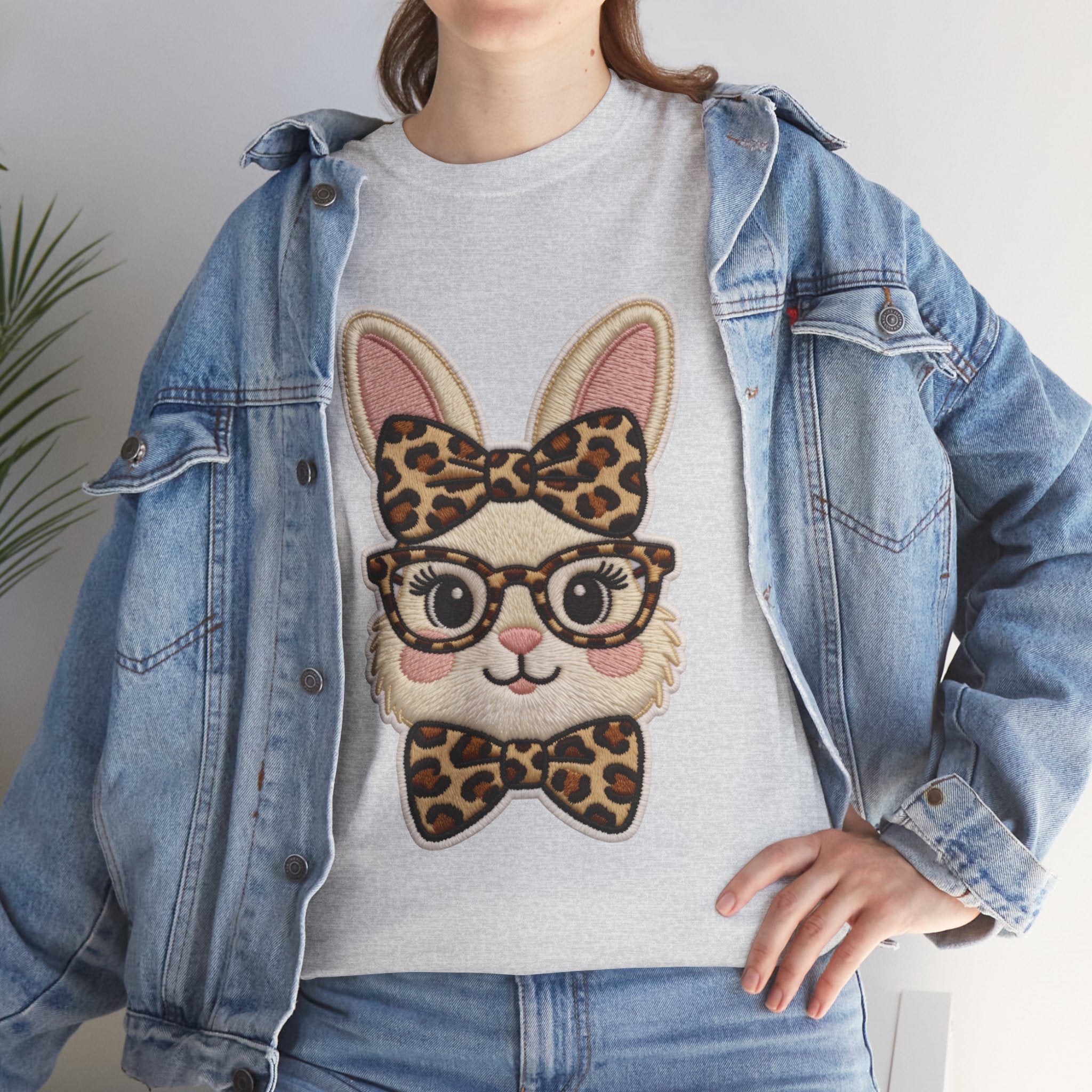 Leopard Bow Bunny Embroidered Tee — Cute Bunny Face with Glasses Patch Unisex Cotton Tee