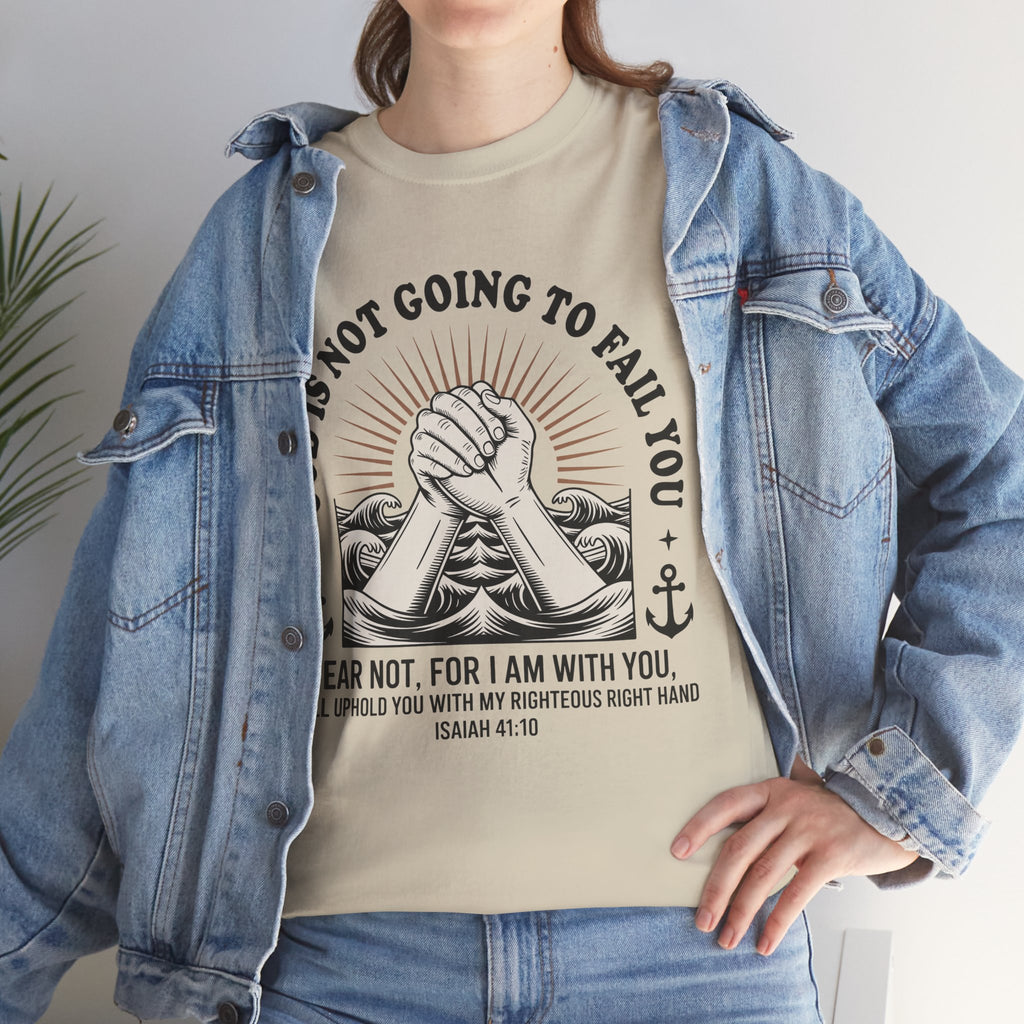 Isaiah 41:10 "Fear Not, For I Am With You" T-Shirt — Clasped Hands Rising from Waves Christian Unisex Cotton Tee