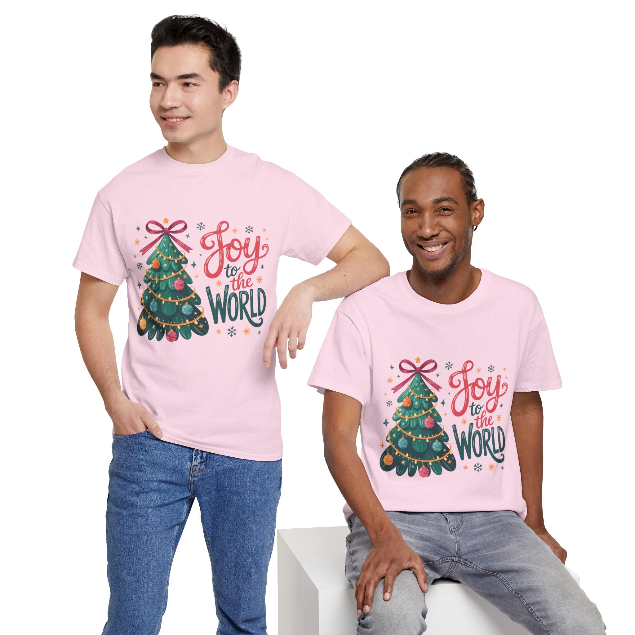 Joy to the World Christmas Tee — Festive Tree with Pink Bow..Unisex Cotton Tee