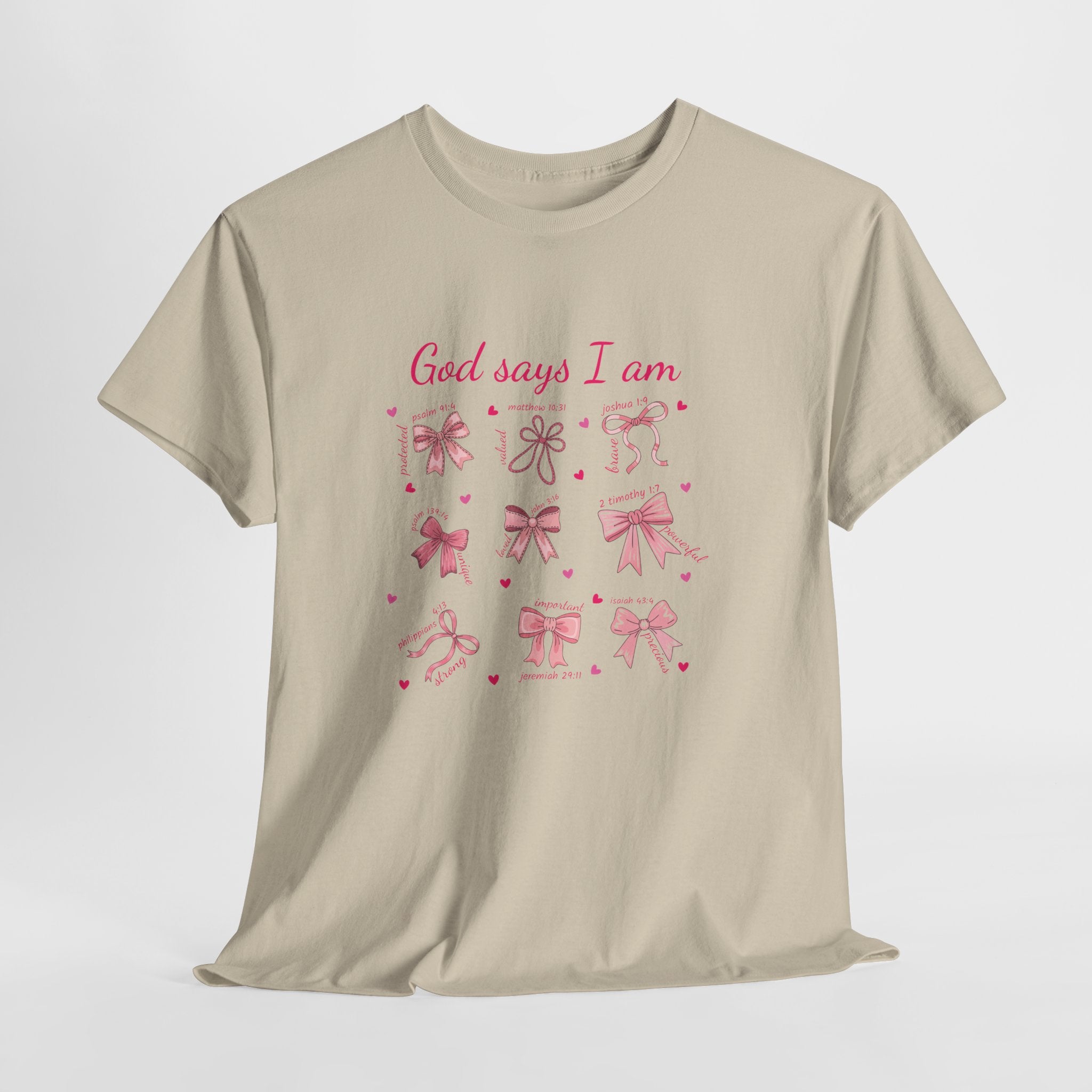 God Says I Am Christian Tee — Pink Affirmation T-Shirt with Bible Verse Bows.Unisex Cotton Tee