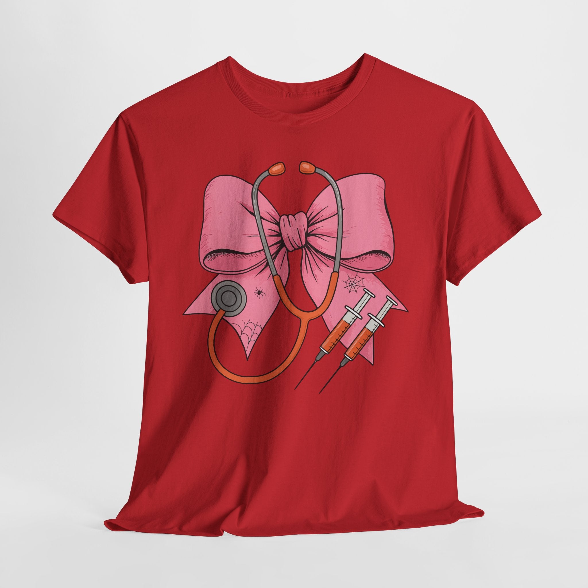 Halloween Nurse T‑Shirt — Pink Nurse Bow with Stethoscope, Syringes & Spider Webs..Unisex Cotton Tee