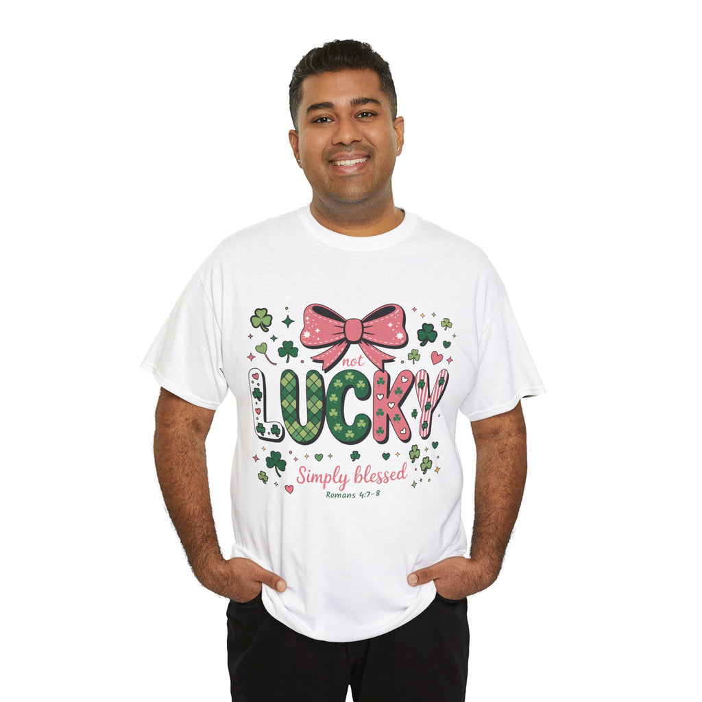 Simply Blessed Tee — “Not Lucky, Simply Blessed” with Pastel Bow, Clovers & Romans 4:7-8 Unisex Cotton Tee