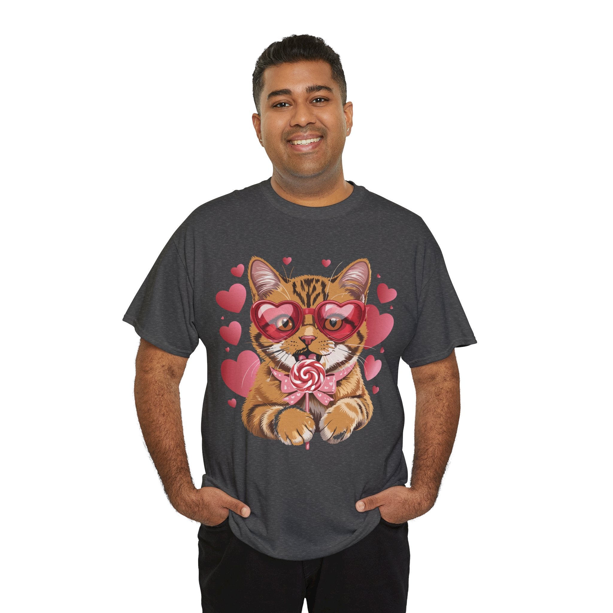 Valentine Cat Tee — Heart Glasses, Lollipop Bow Unisex Cotton Tee