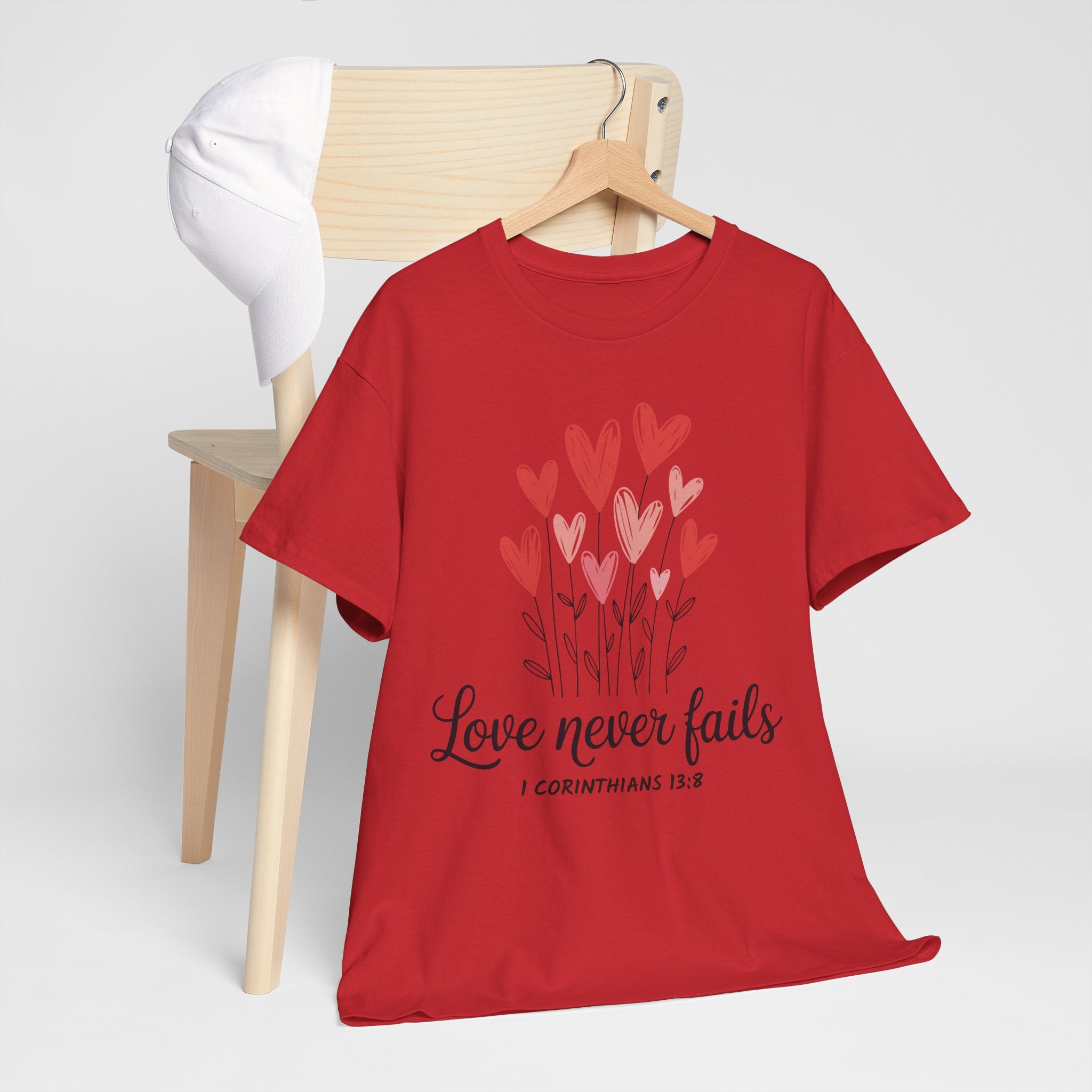 Christian Valentine T-Shirt — "Love Never Fails" (1 Corinthians 13:8) Unisex Cotton Tee