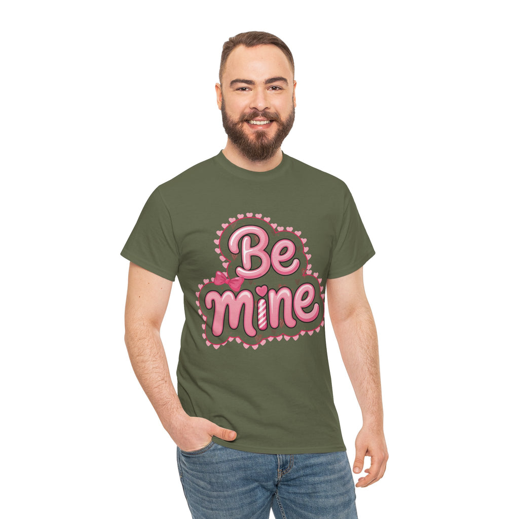 Be Mine Valentine T-Shirt — Pink Bubble Letters with Hearts & Bow..Unisex Cotton Tee
