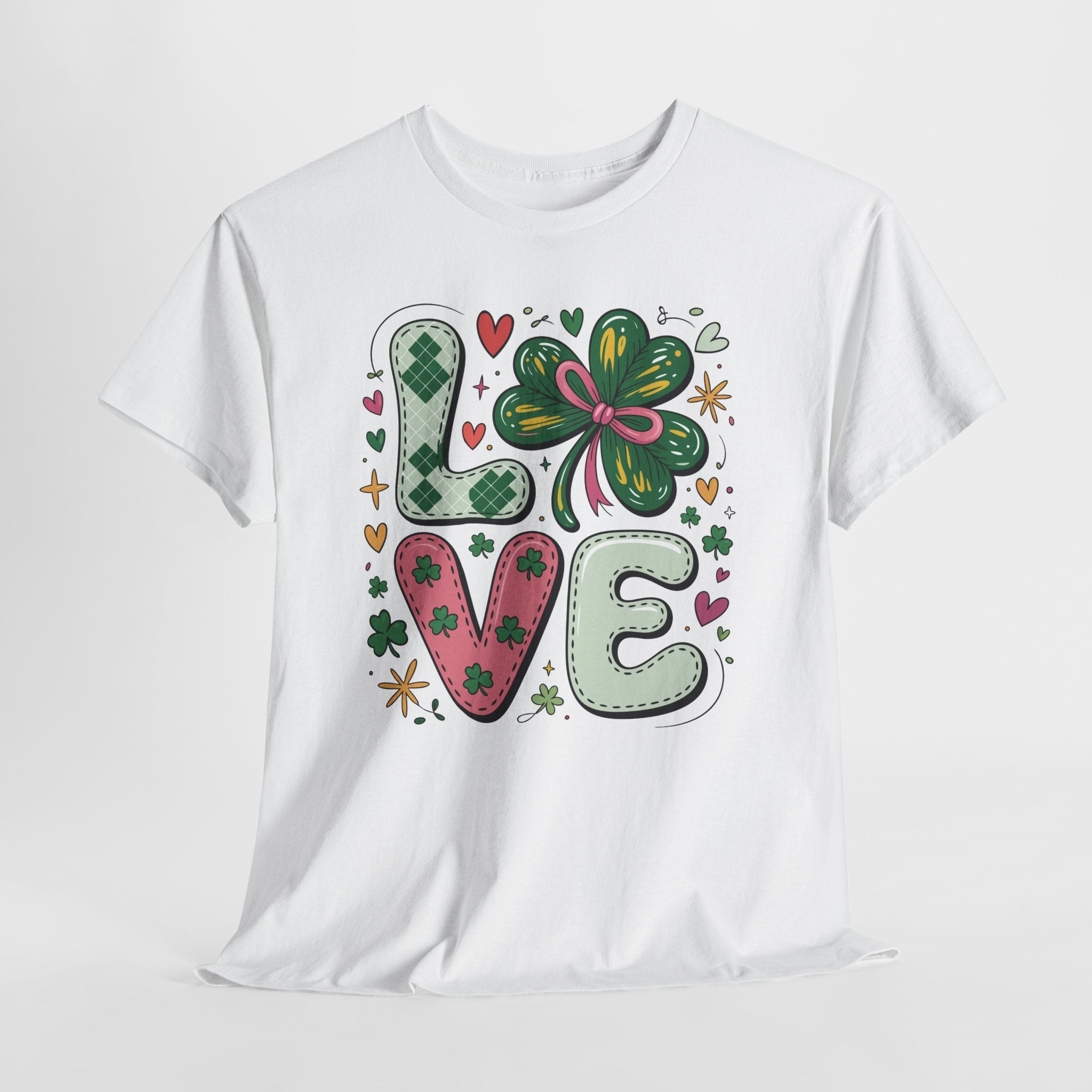 Stitched Clover 'LOVE' Tee — Heart & Patchwork St. Patrick's Unisex Cotton T-Shirt