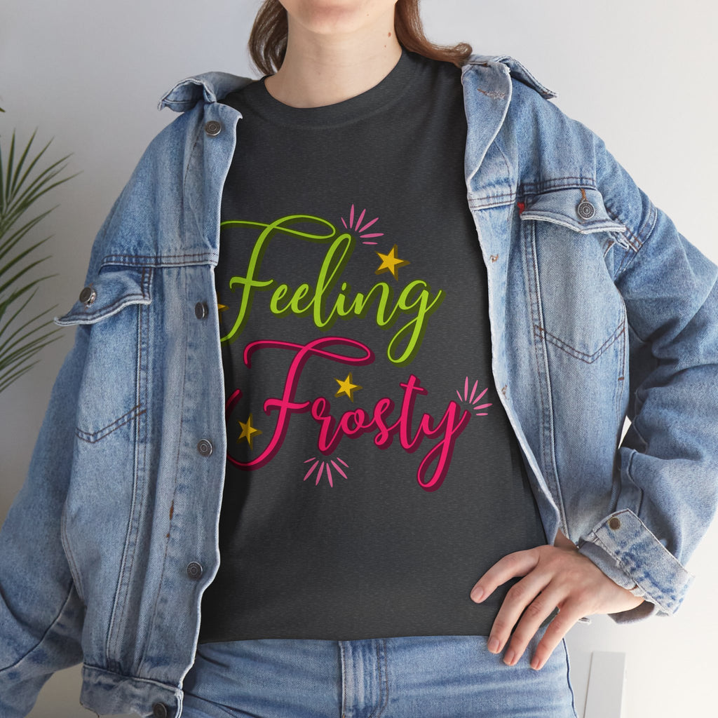 Feeling Frosty Holiday T-Shirt — Green & Pink Script Stars.Unisex Cotton Tee