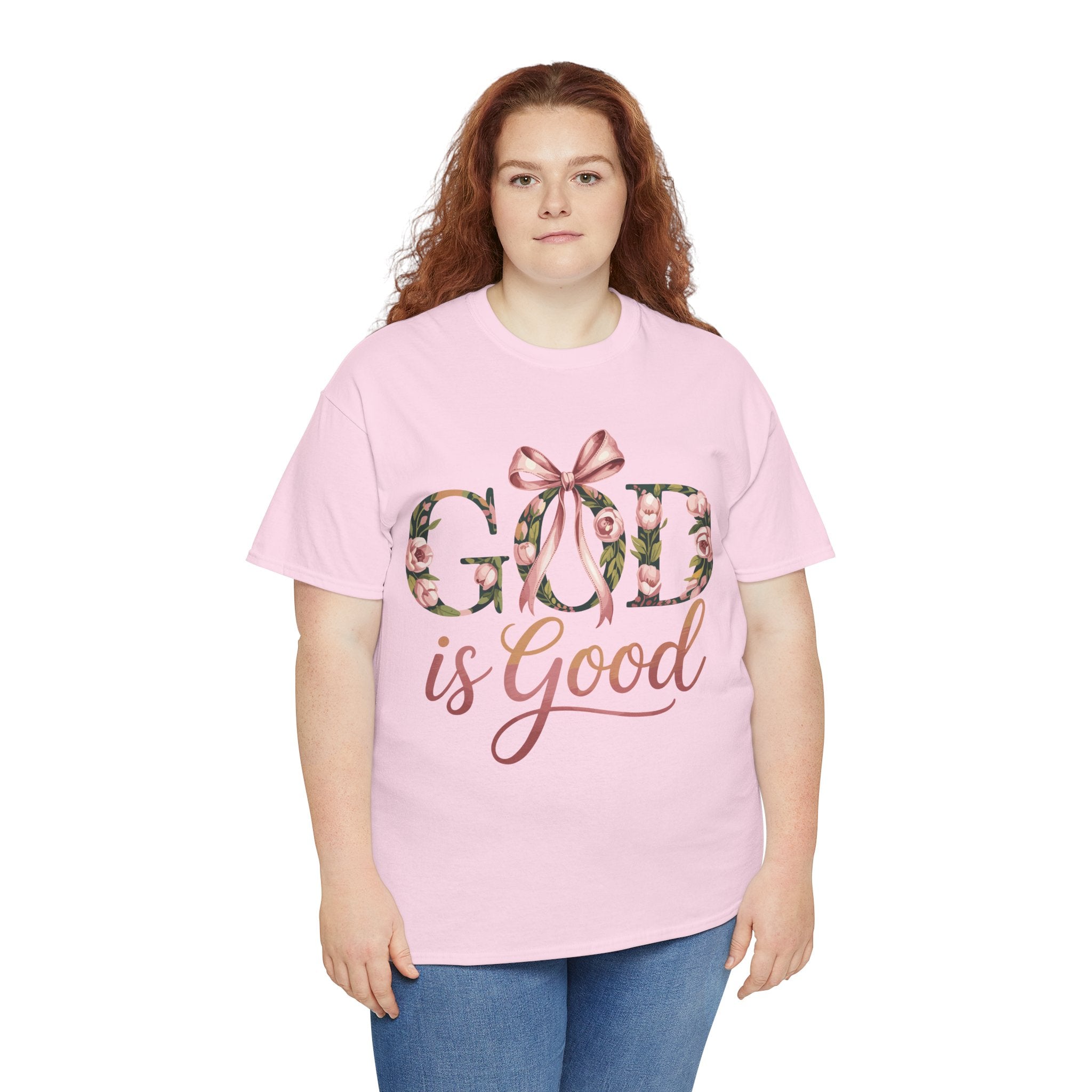 God Is Good Pink Rose Tee — Floral Ribbon Faith Unisex Cotton T-Shirt