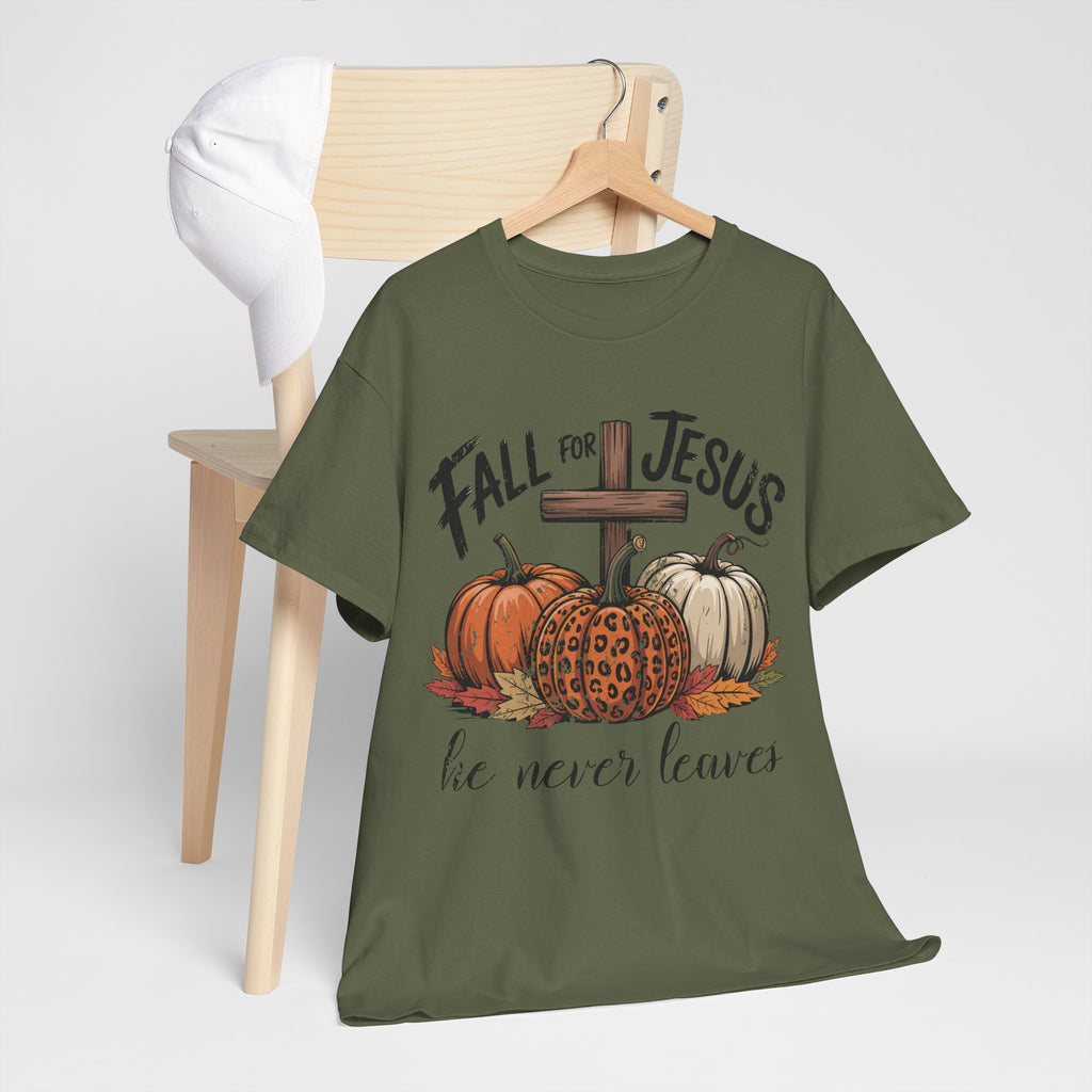 Fall for Jesus Pumpkin Cross Tee — "He Never Leaves" Autumn Christian Unisex Cotton T-Shirt
