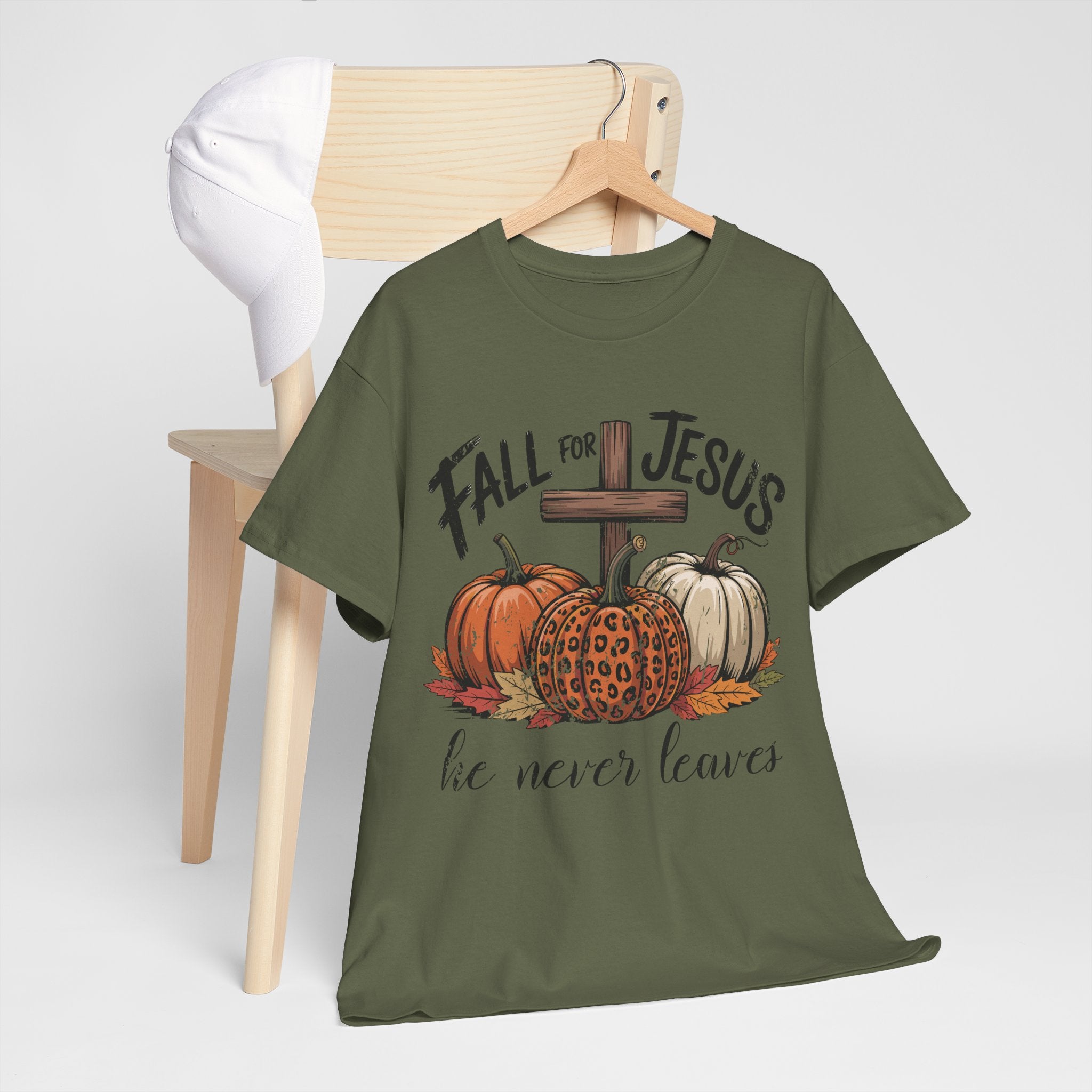 Fall for Jesus Pumpkin Cross Tee — "He Never Leaves" Autumn Christian Unisex Cotton T-Shirt