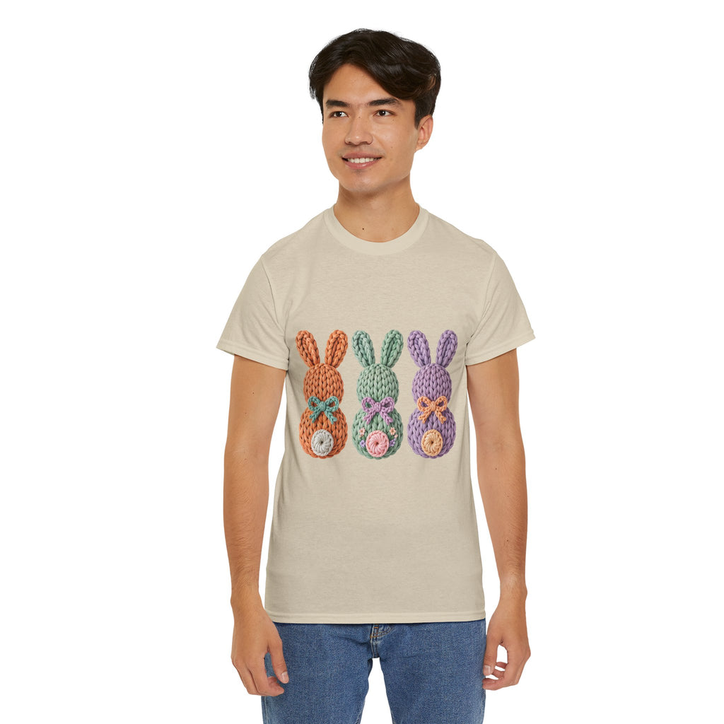 Pastel Crochet Bunny Tee — Trio of Faux Knit Bunnies with Bows & Flowers Unisex Cotton Tee