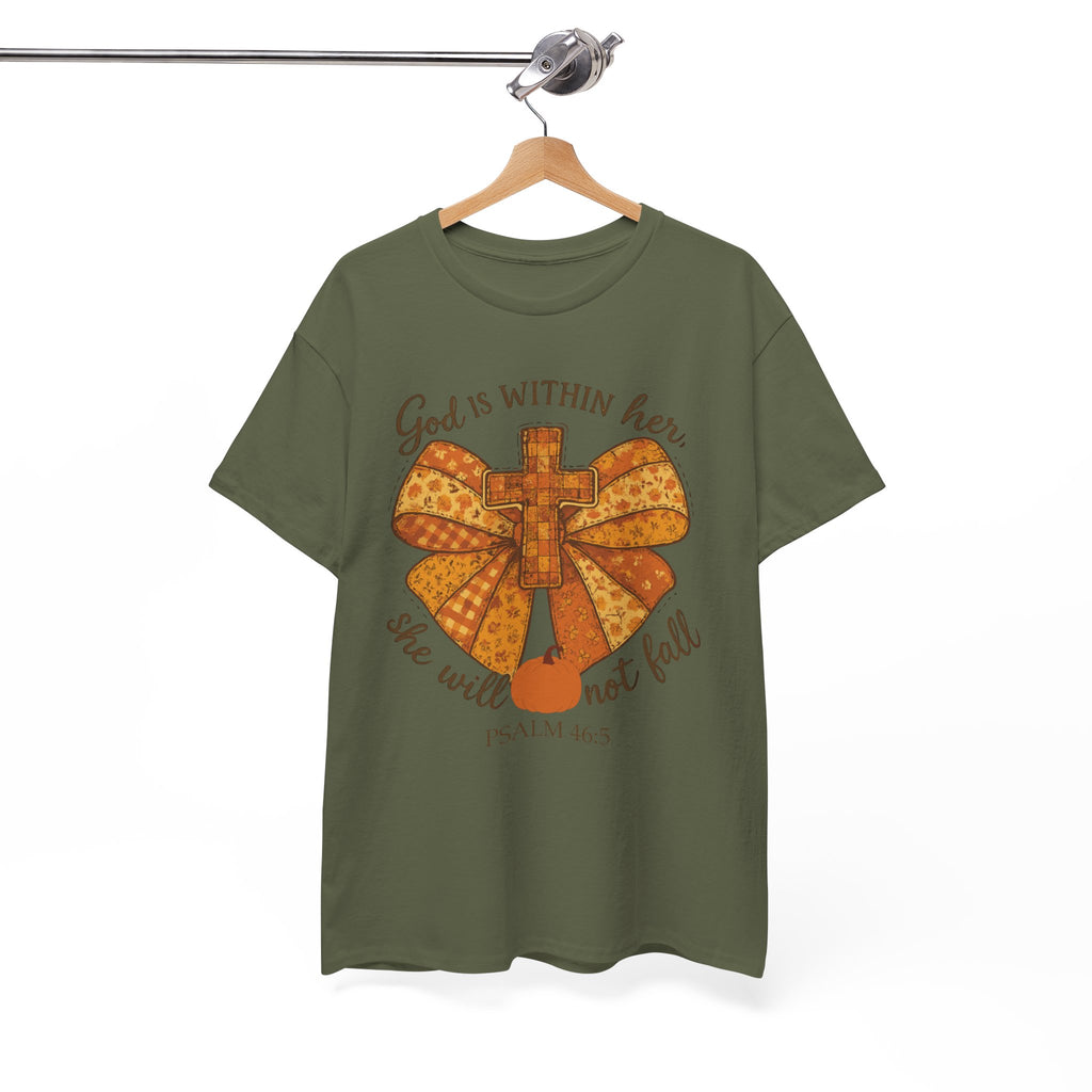 Psalm 46:5 Cross Patchwork Tee — Fall Bow Christian Unisex Cotton T-Shirt