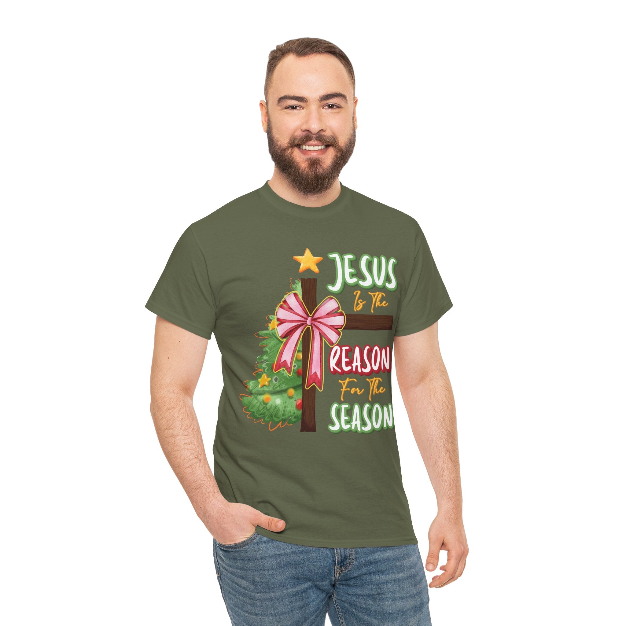 Jesus Is the Reason for the Season Christmas Tee — Cross with Pink Bow & Tree. Unisex Cotton Tee