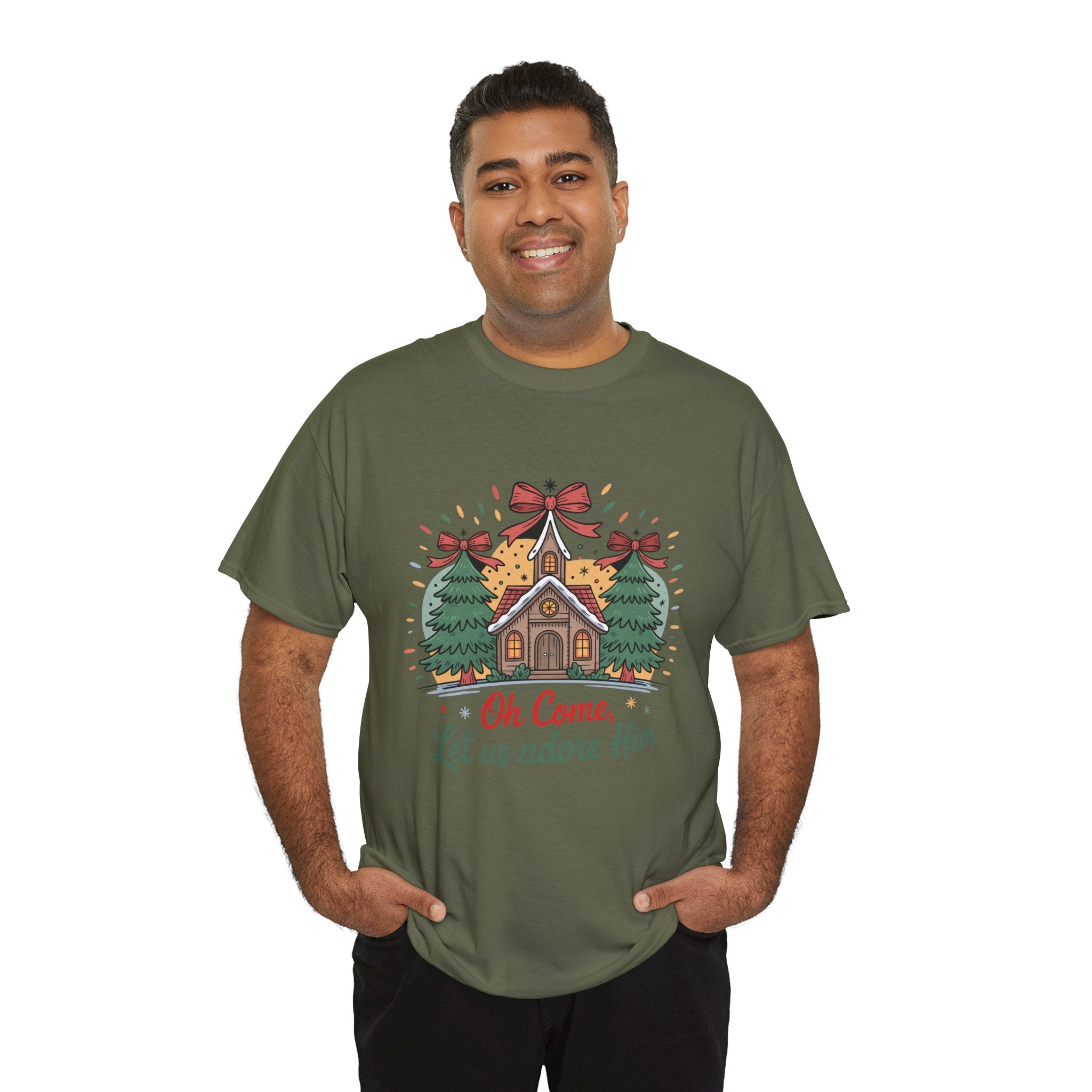 Oh Come Let Us Adore Him Christmas Tee — Church & Trees Holiday Unisex Cotton Tshirt