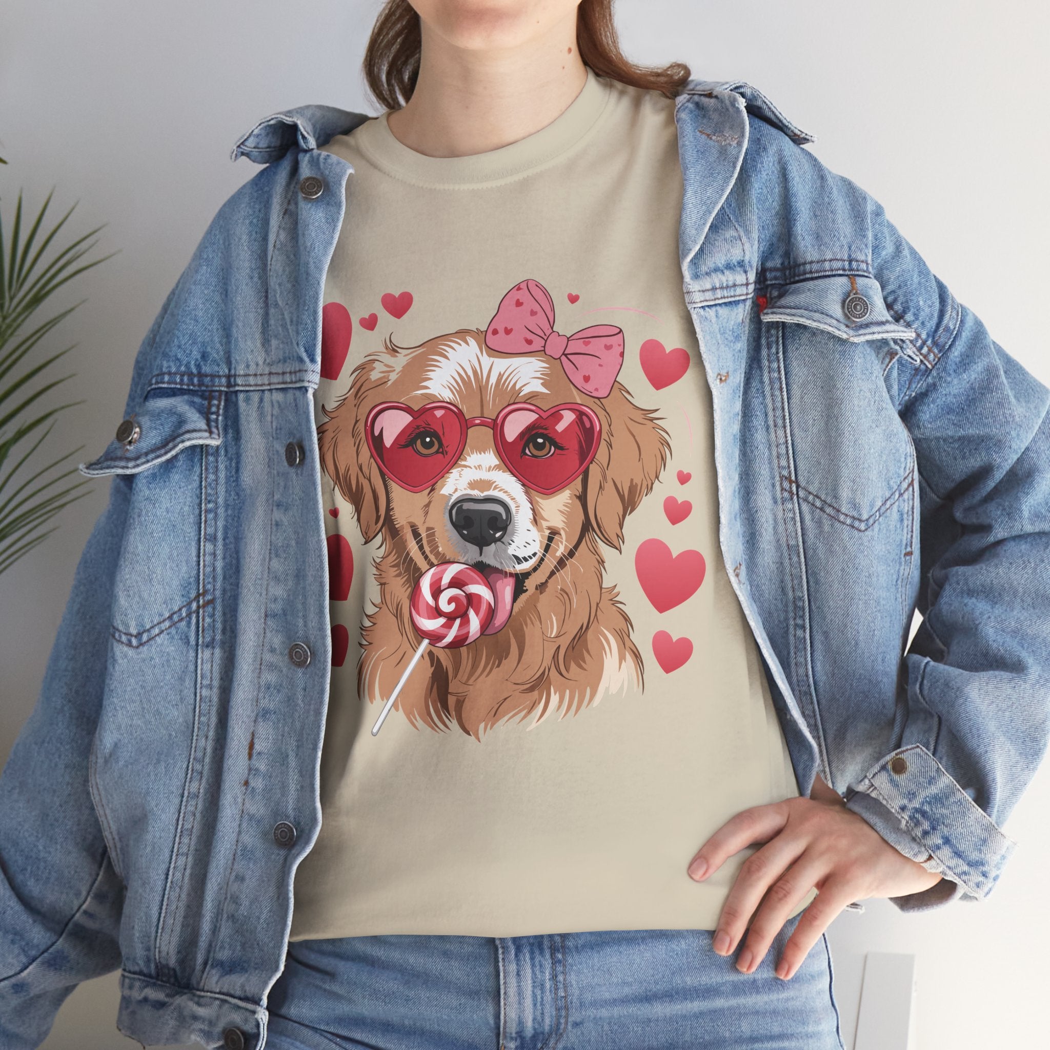 Valentine Dog T-Shirt — Cute Pup with Heart Glasses, Pink Bow & Lollipop..Unisex Cotton Tee