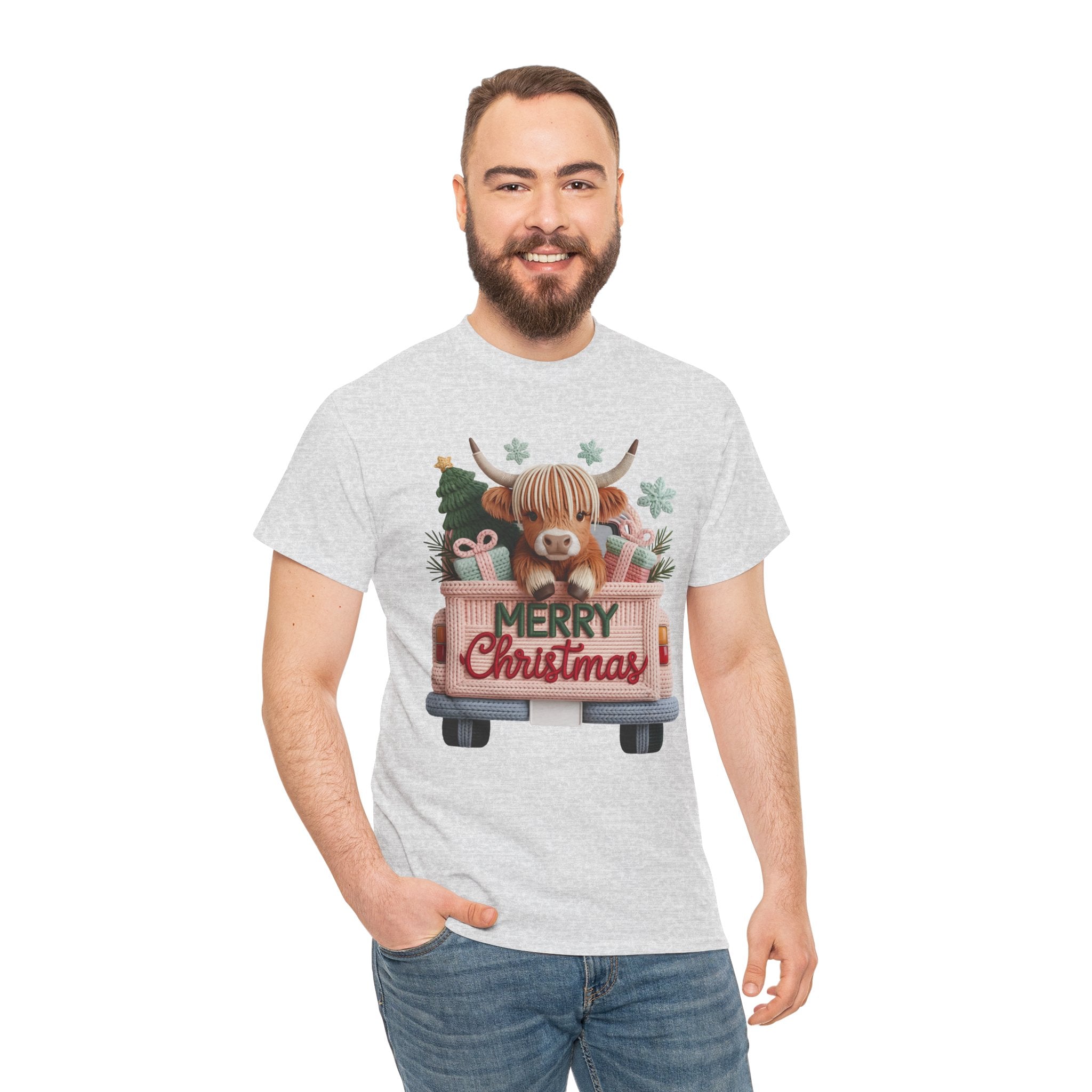 Merry Christmas Highland Cow Knit Truck Unisex Cotton T-Shirt