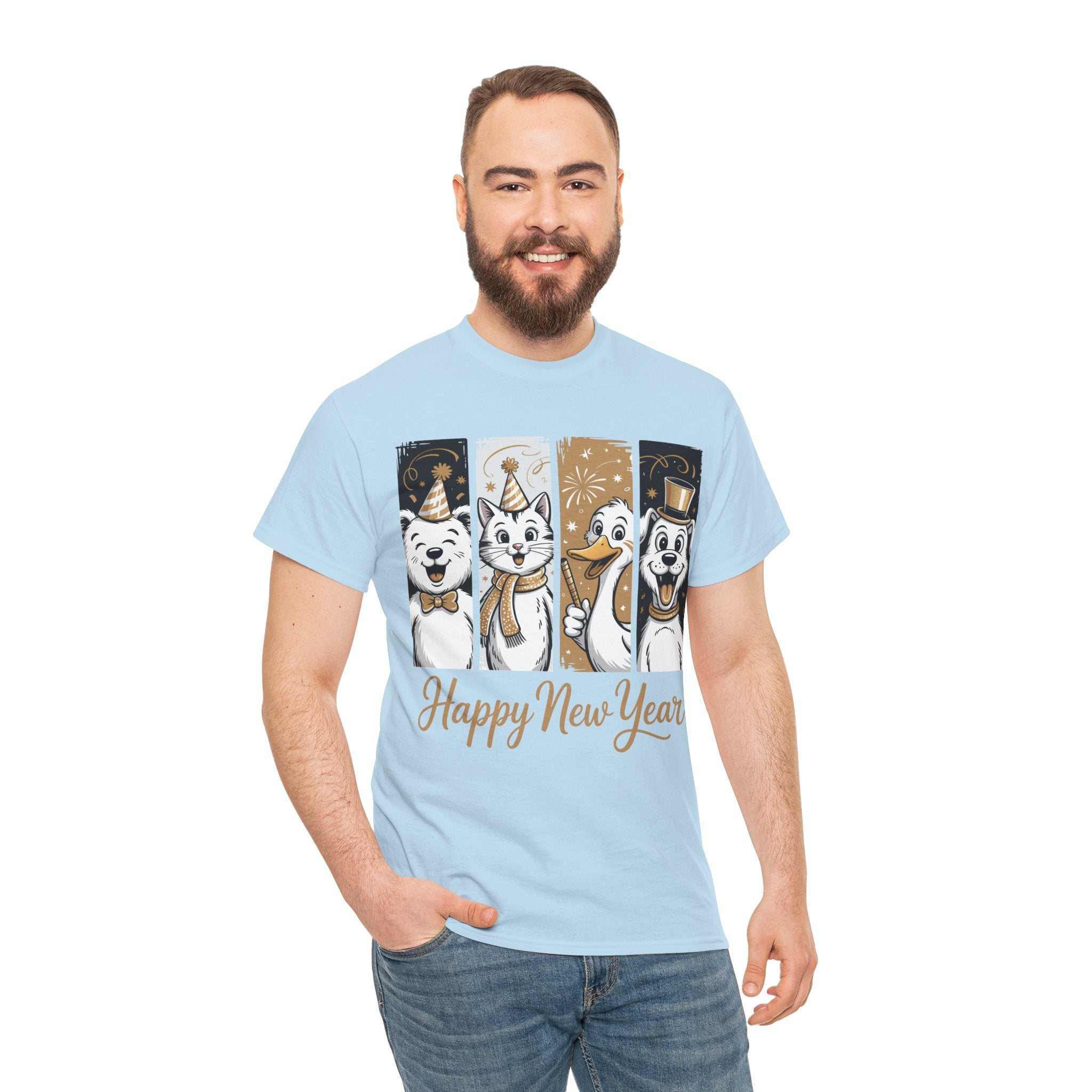Happy New Year Party Animals T-Shirt — Cute Smiling Animals in Party Hats & Gold Fireworks..Unisex Cotton Tee