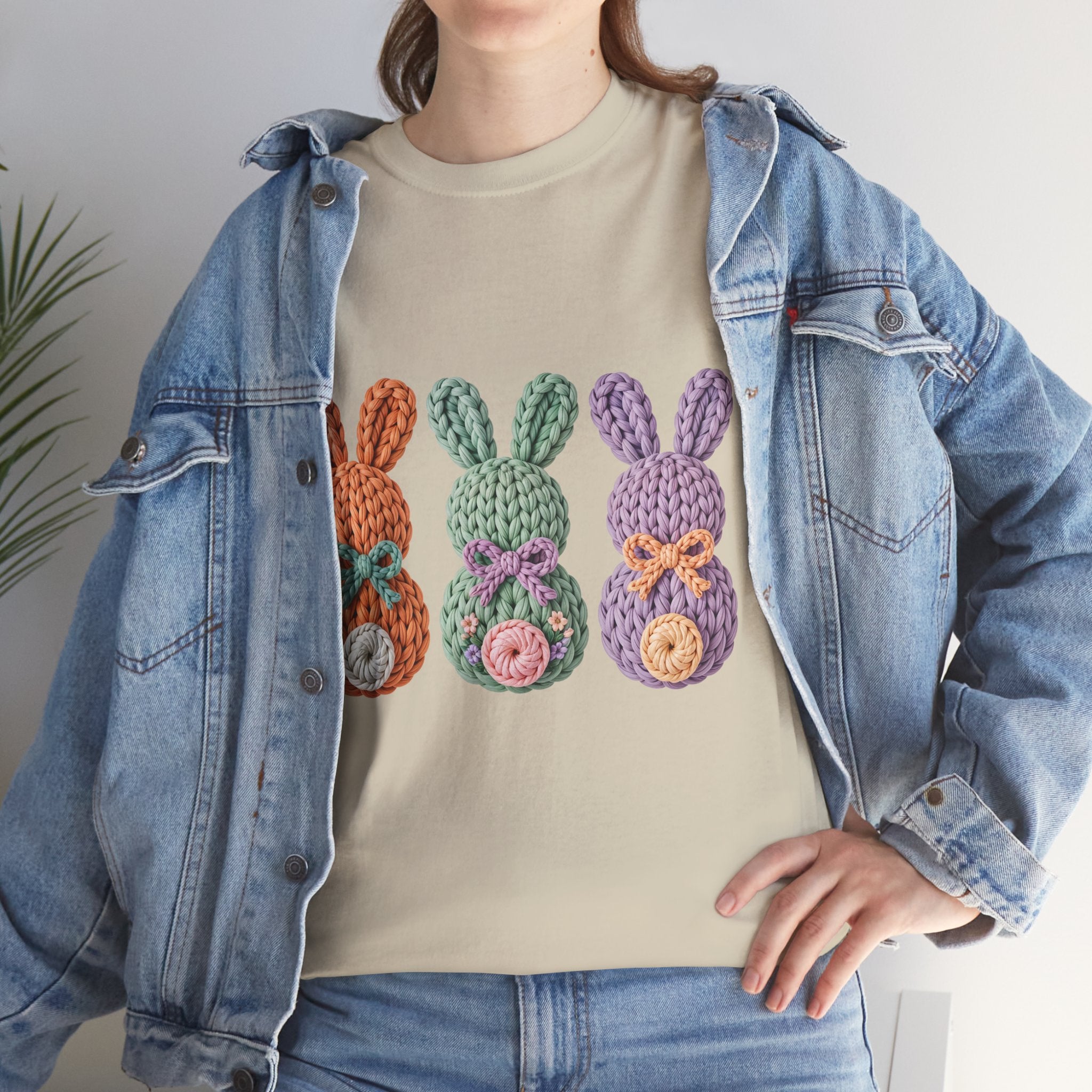Pastel Crochet Bunny Tee — Trio of Faux Knit Bunnies with Bows & Flowers Unisex Cotton Tee