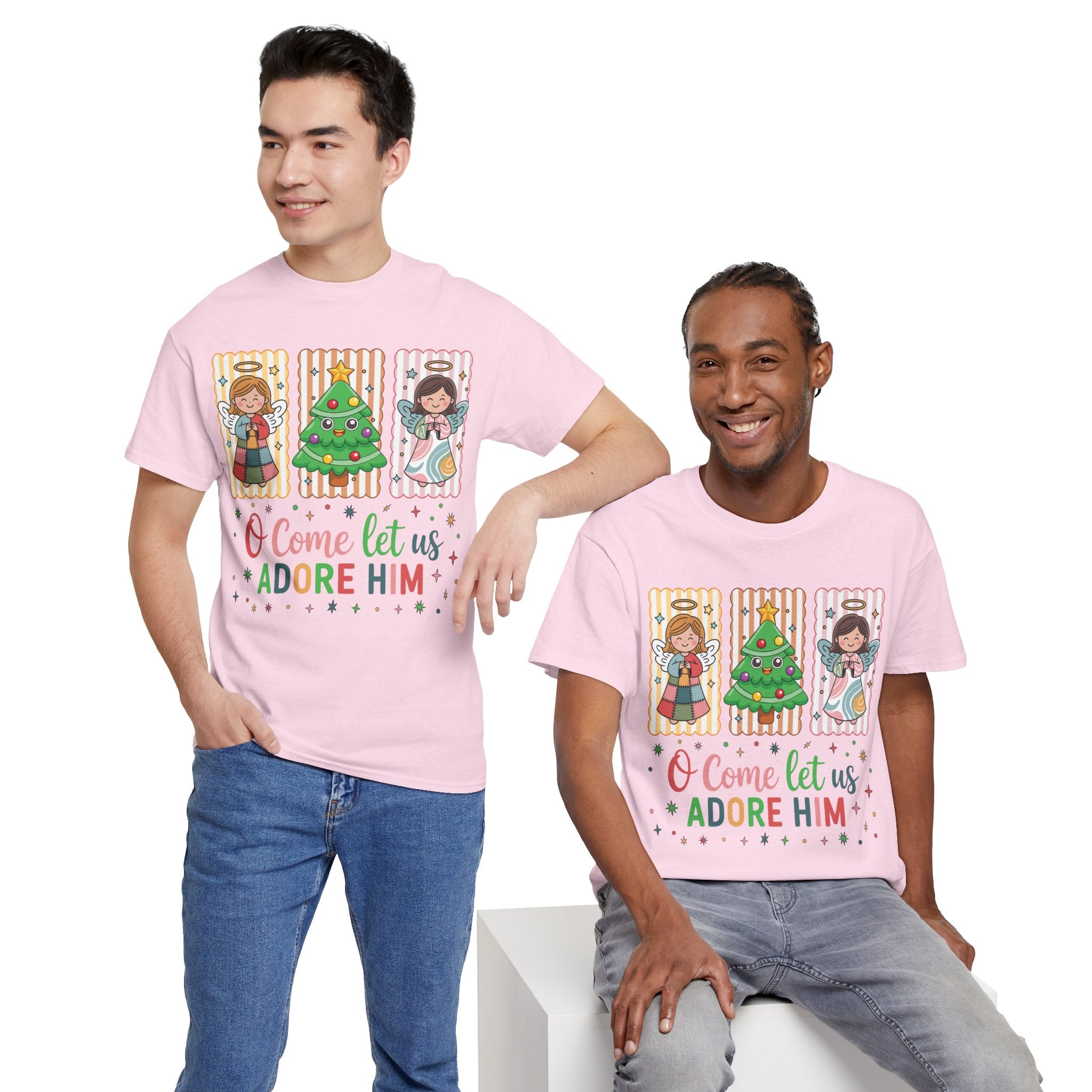O Come Let Us Adore Him Christmas Tee — Smiling Angels & Happy Tree..Unisex Cotton Tee