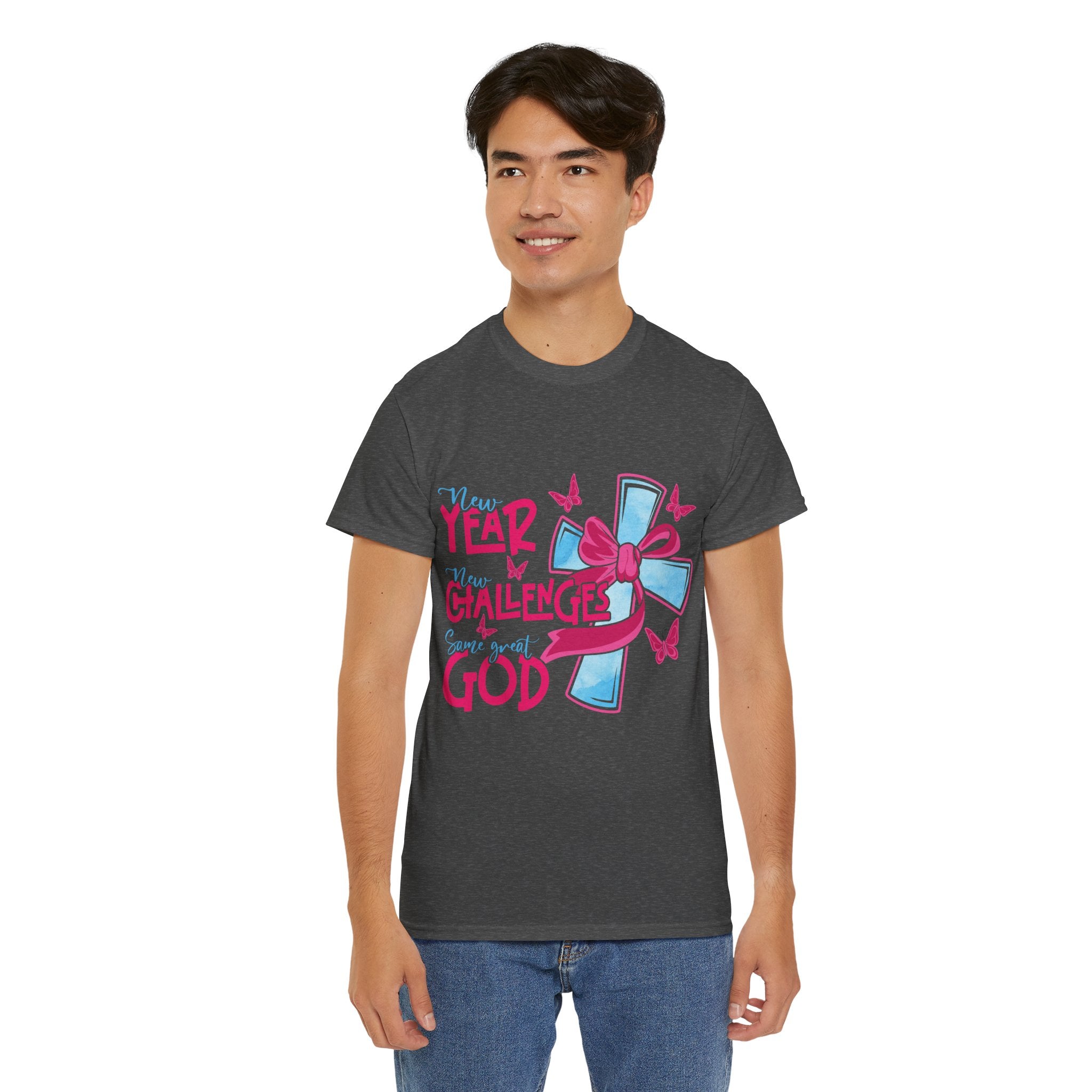 Christian T-Shirt — “New Year, New Challenges, Same Great God” with Pink Bow Cross & Butterflies. Unisex Cotton Tee