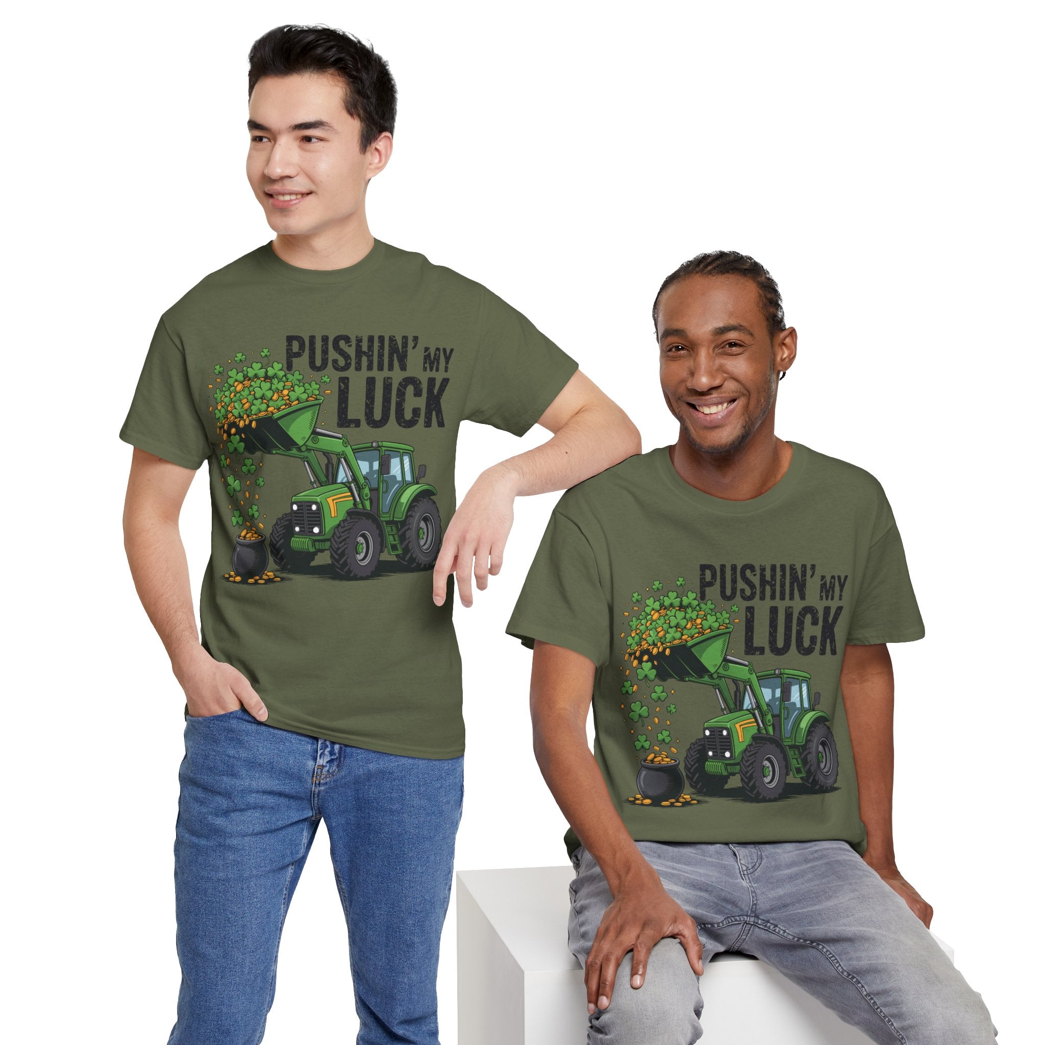 Pushin' My Luck Shamrock Tractor Tee — St. Patrick's Day Unisex Cotton T-Shirt