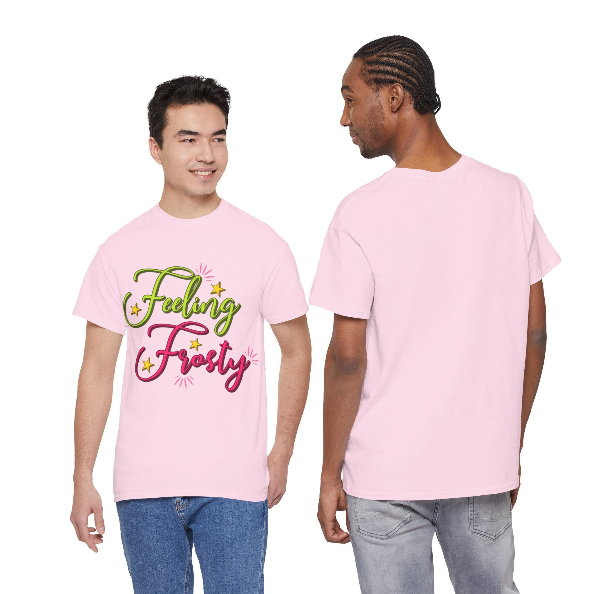 Feeling Frosty Holiday T-Shirt — Green & Pink Script Stars.Unisex Cotton Tee