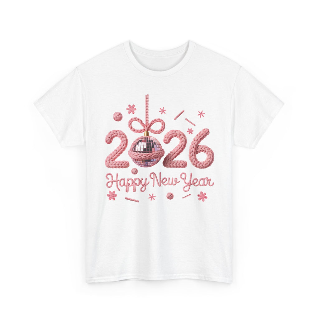 2026 Happy New Year Pink Knitted Disco Ball Unisex Cotton Tee