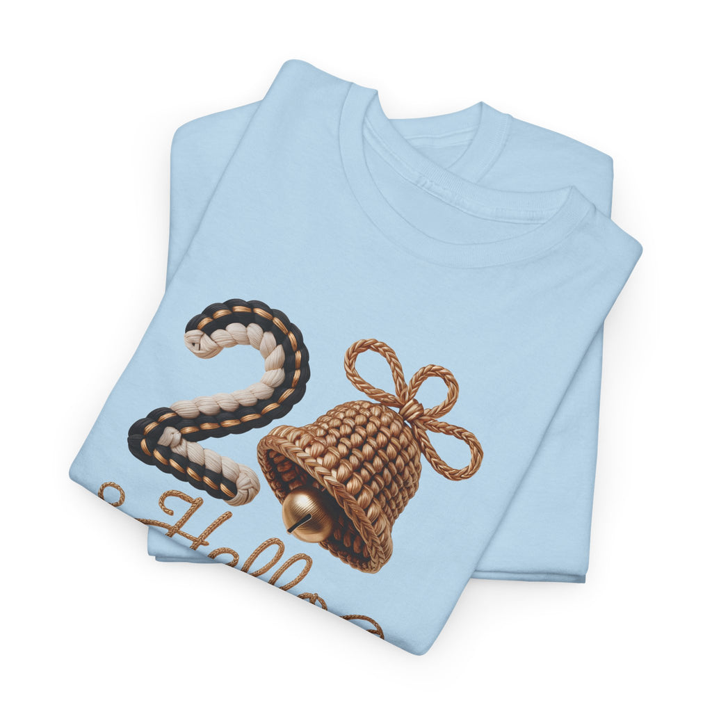 Hello 2026 Tee — Cozy Faux Yarn Braided Numbers with Woven Golden Bell..Unisex Cotton Tee