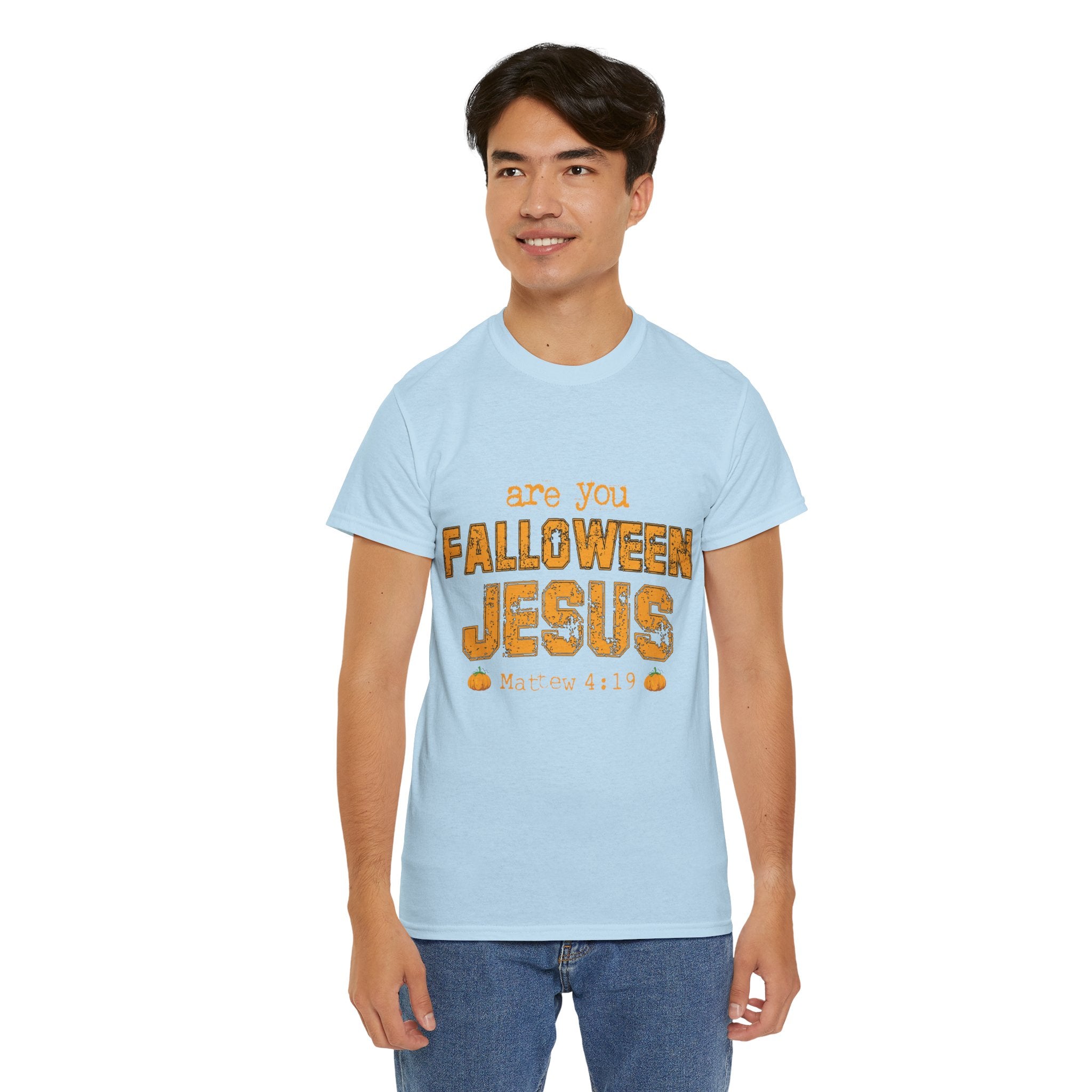 Christian Halloween T-Shirt — “Are You Falloween Jesus? Matthew 4:19” Distressed Pumpkin Design. Unisex Cotton Tee