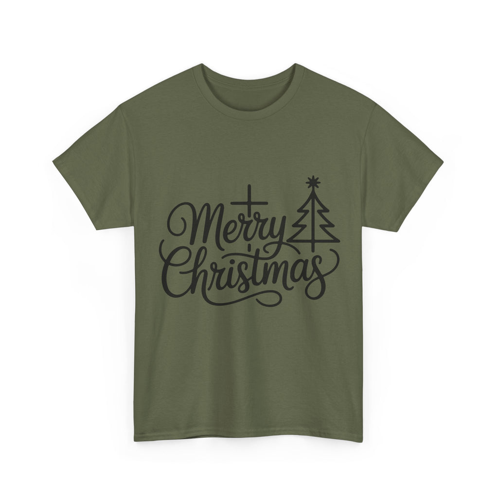 Merry Christmas Script T-Shirt with Cross & Tree(Unisex Cotton Tee)
